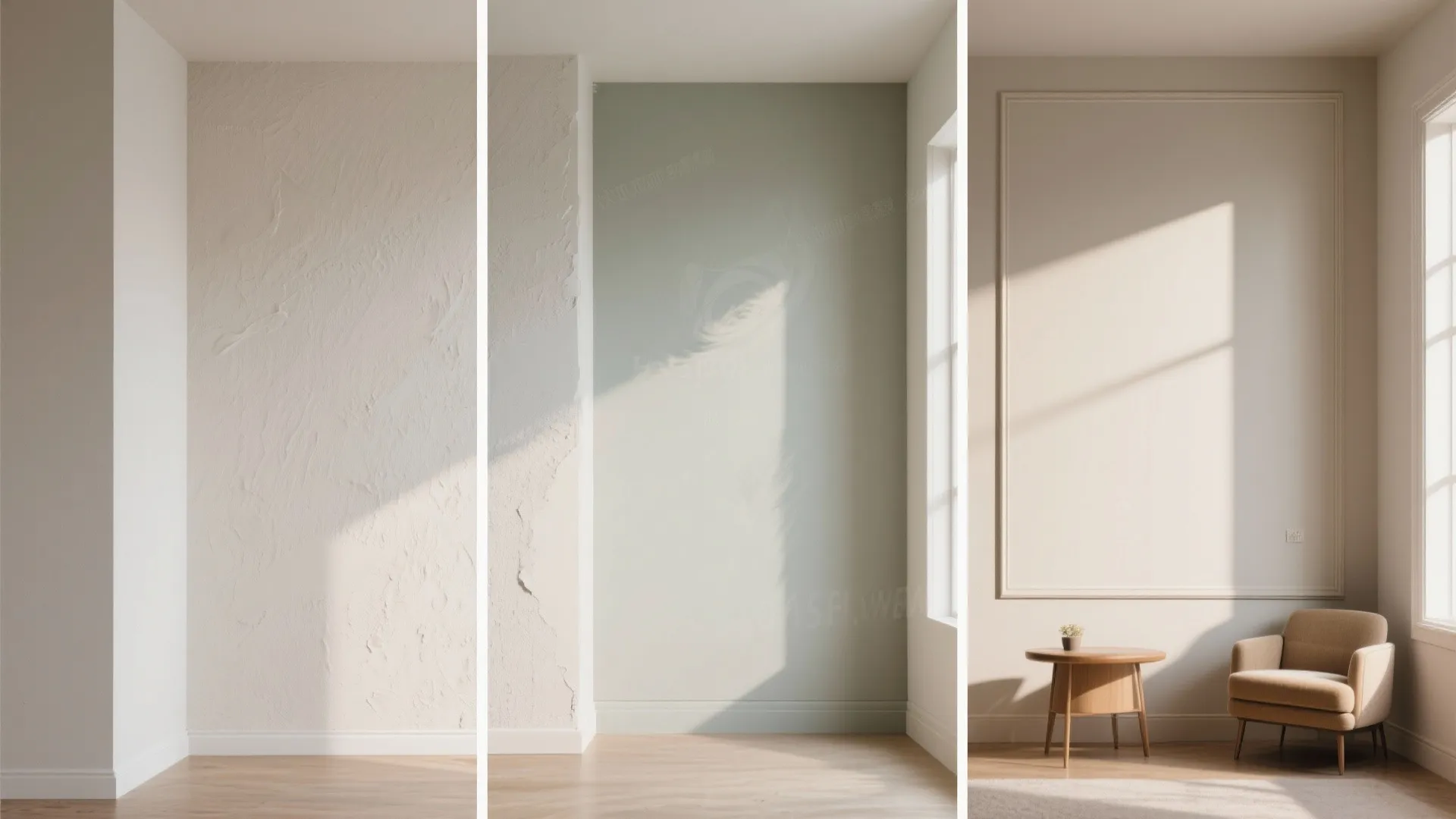Three vertical panels showing different wall textures and a corner with armchair and side table