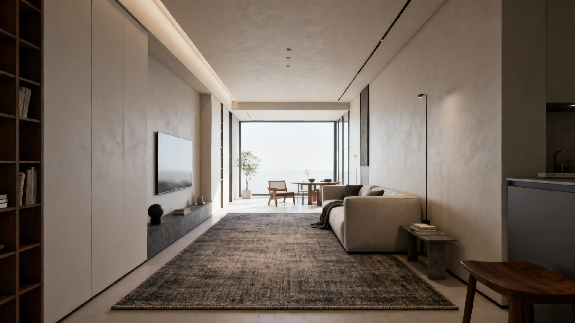 Minimalist living room with a beige sofa, large rug, wall television, and a bright window