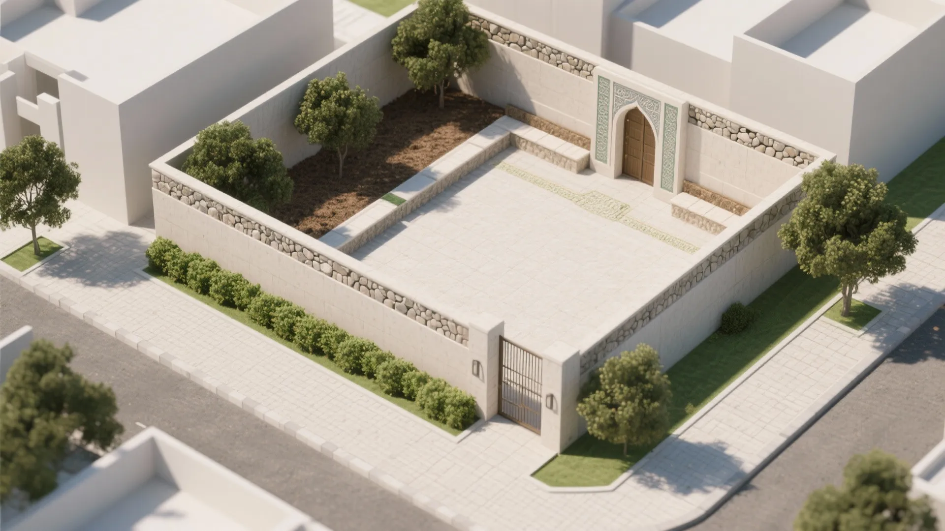 3) Community edge: low wall + green buffer + seating