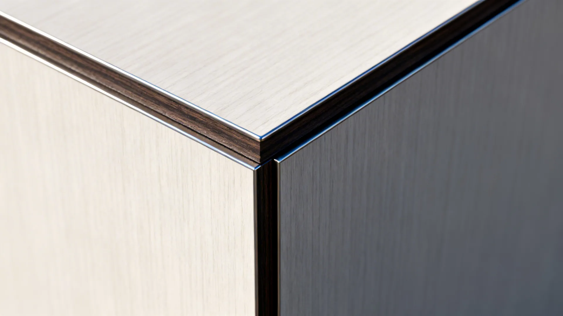 Close-up of a countertop with contrasting metal trim edge