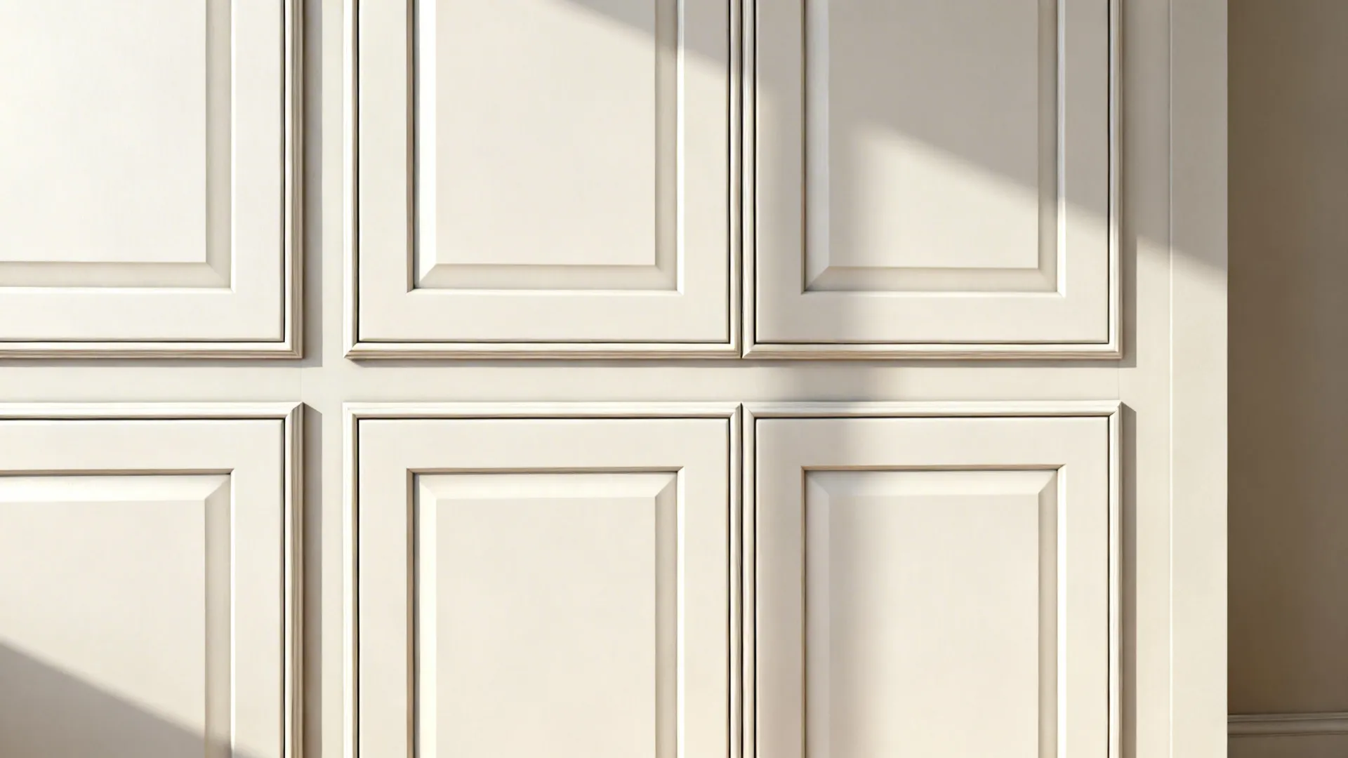 Shaker doors with slim bead and micro-chamfer edges plus scribe strips for clean transitions.