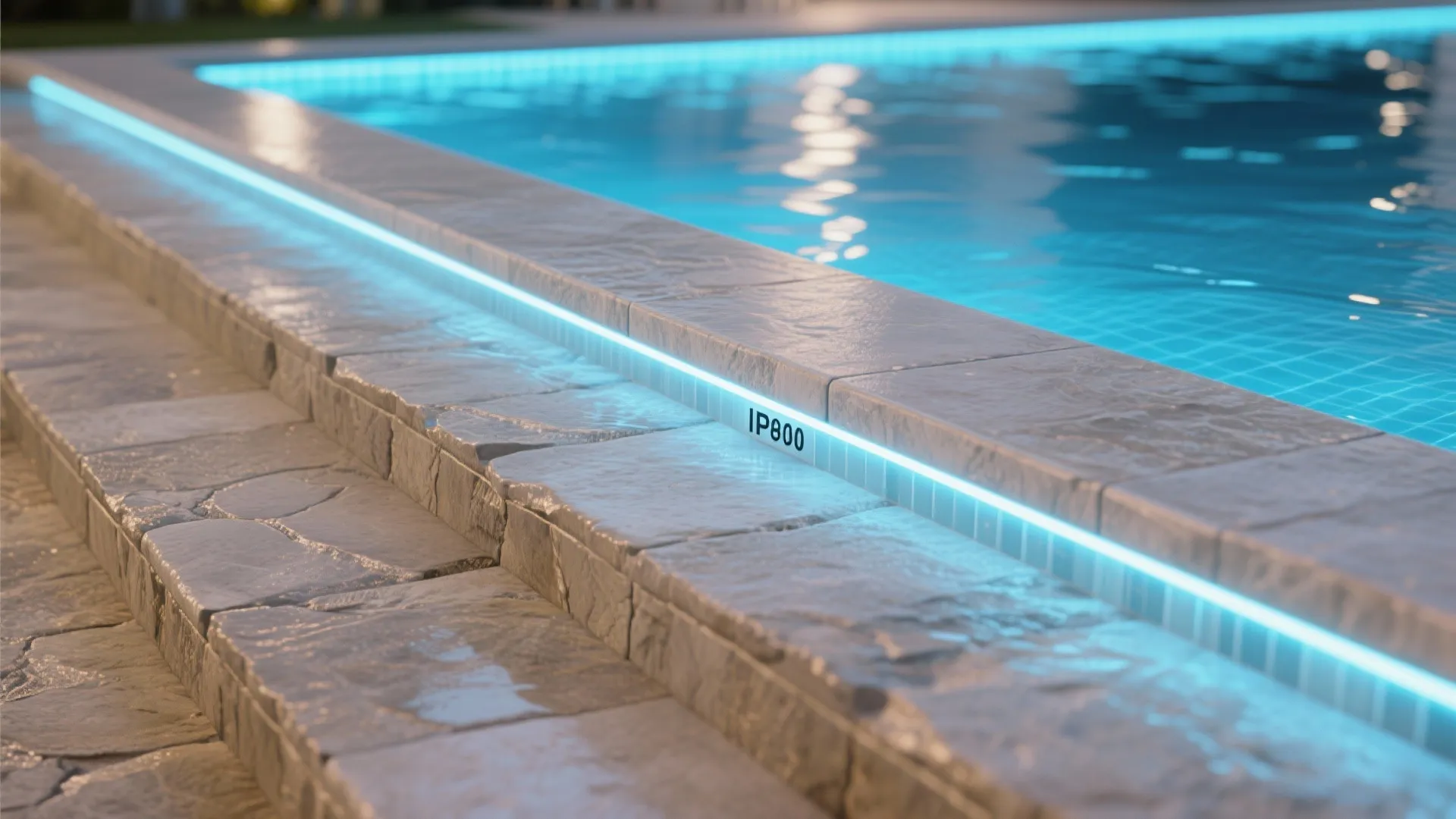 Close up of a swimming pool edge with blue light strip and textured grey stone