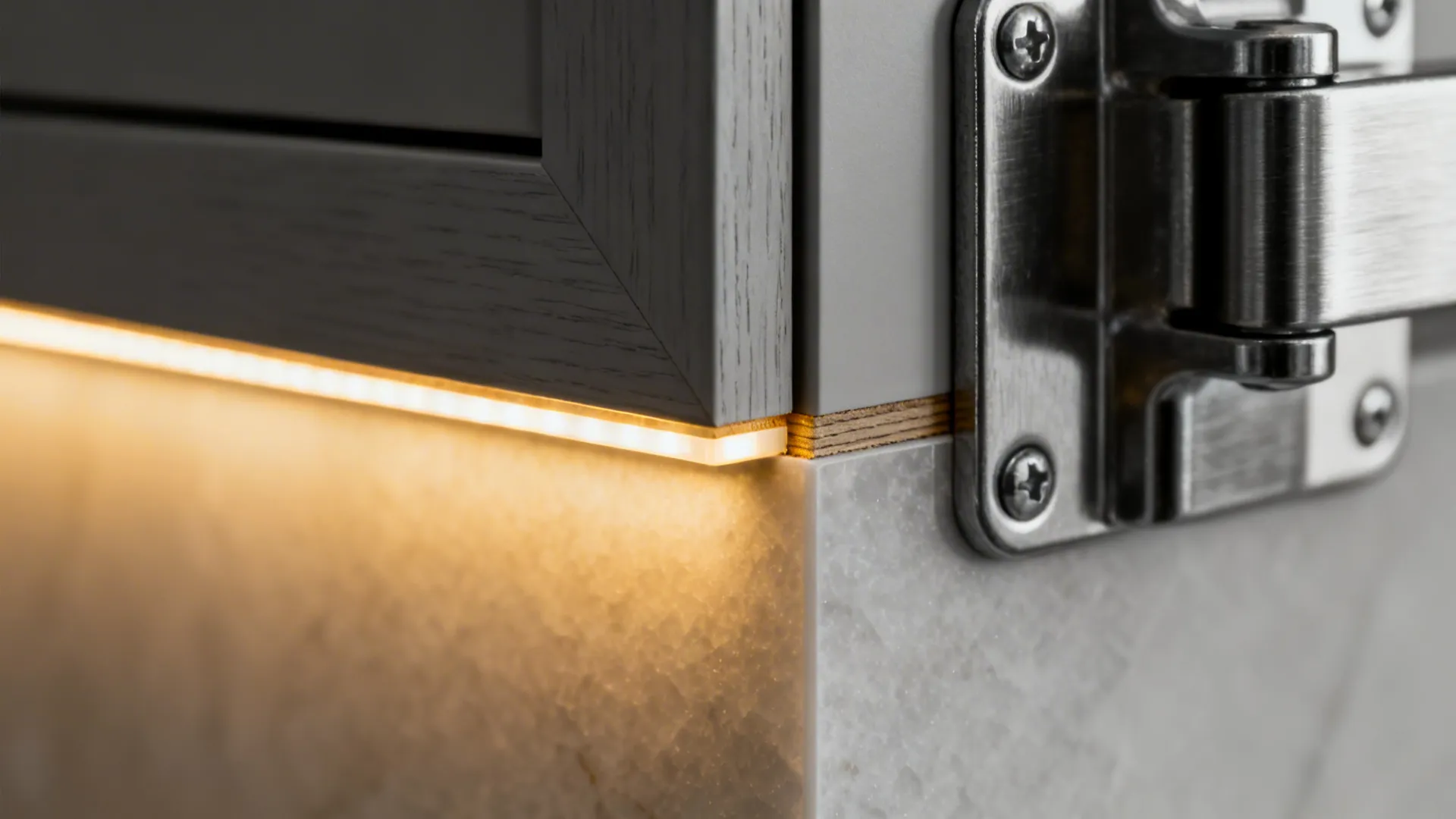 Macro of 2 mm edge banding on a mica door with soft-close hinge and warm LED glow.