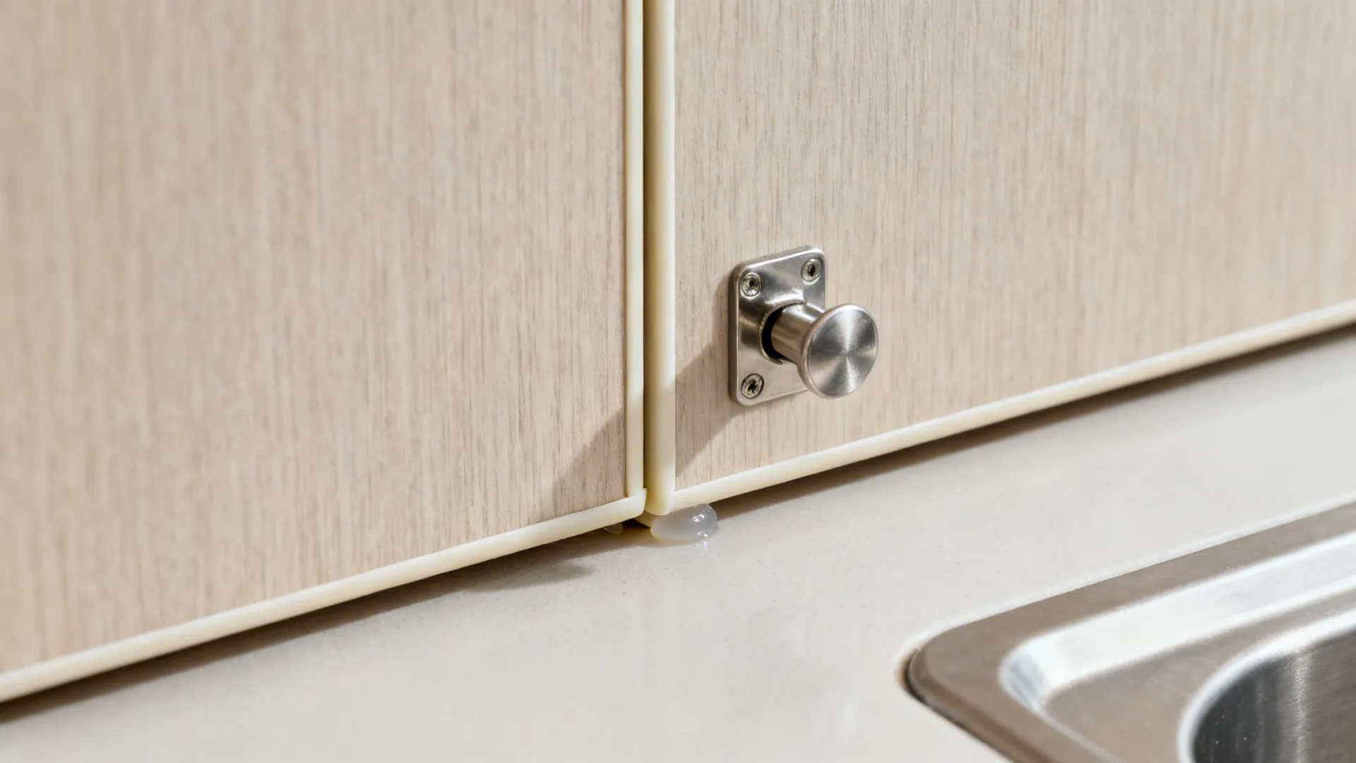 Macro of PVC edge-banding on a moisture-resistant cabinet door with stainless hinge cup.