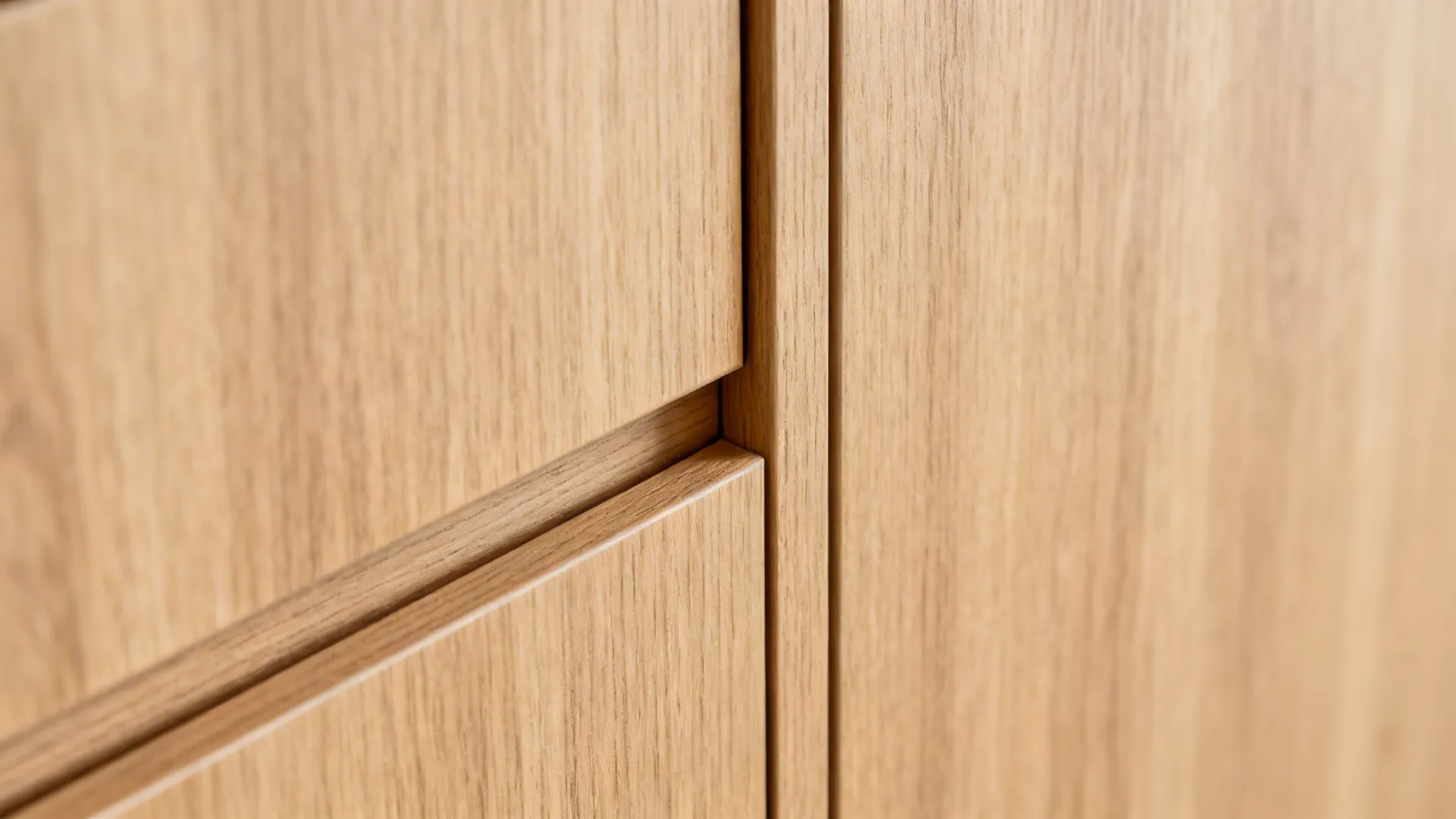 Macro of light oak laminate edge-banding with precise CNC alignment and matte texture.