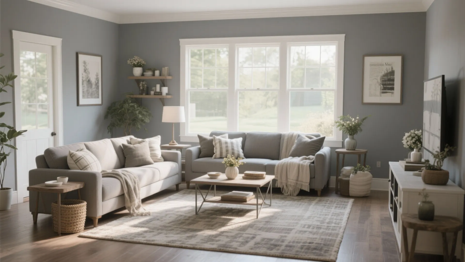 Living room in Benjamin Moore Edgecomb Gray with seasonal cushions