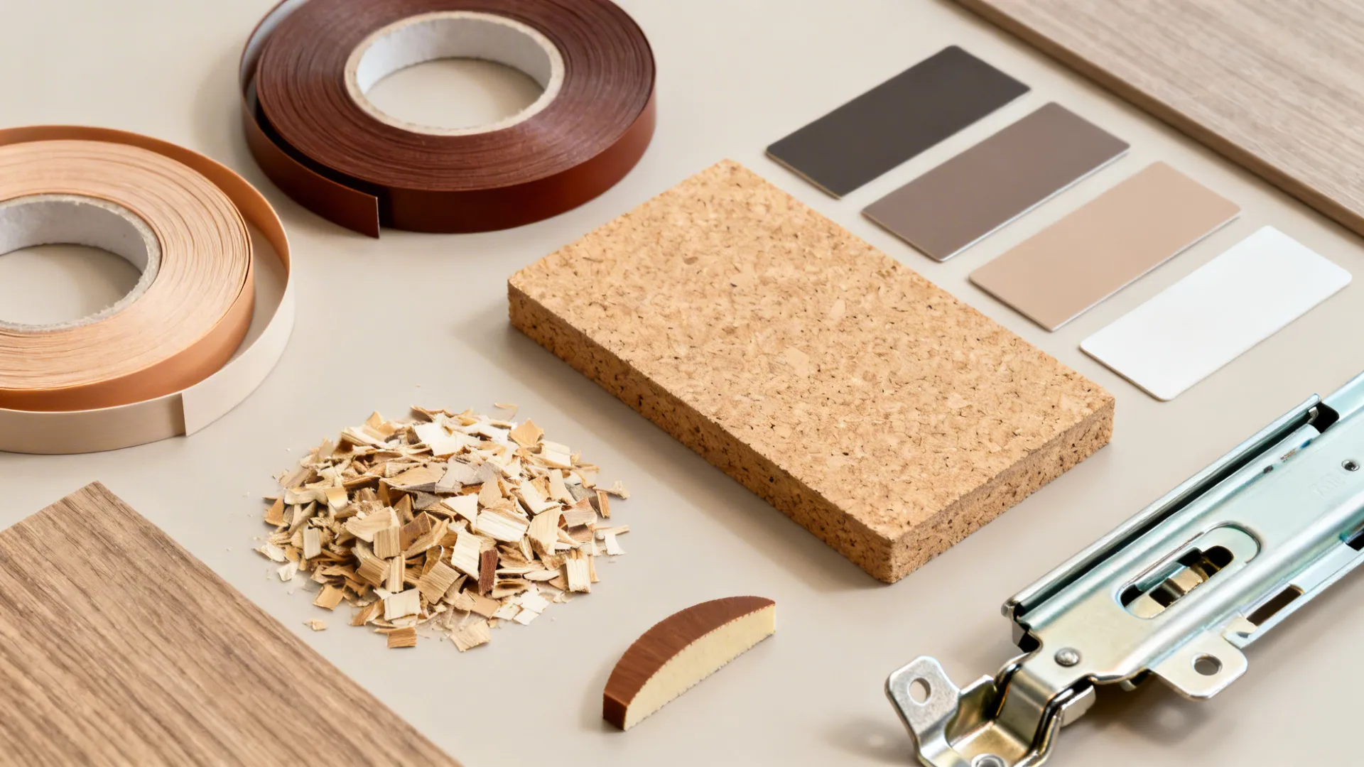 Collection of furniture materials including wood chips cork block metal hinge and colored tape rolls