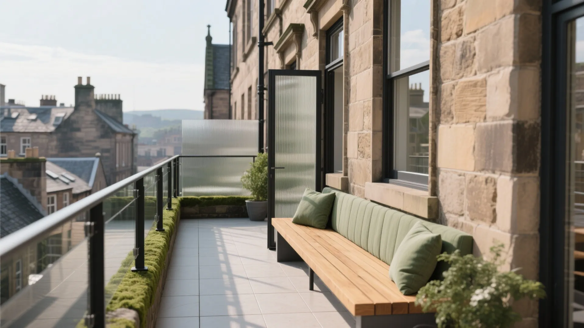 Modern narrow outdoor balcony with wooden bench green pillows stone wall railing and city view background
