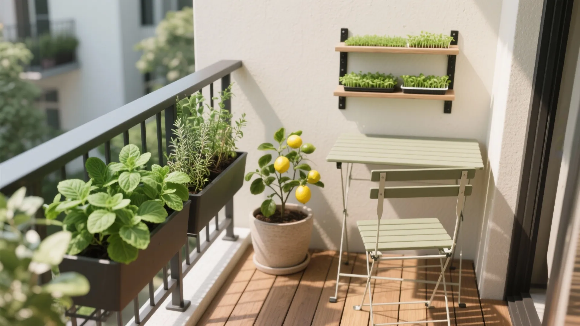 Edible balcony with rail herbs, a dwarf lemon in a light pot, and microgreens shelf.