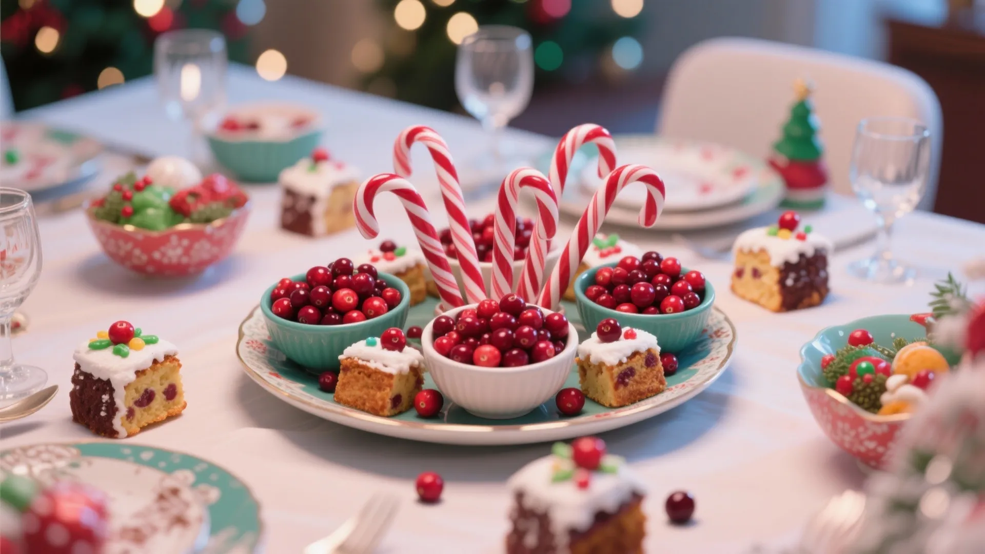 Festive Christmas dining table centerpiece with red candy canes bowls of berries and small cakes