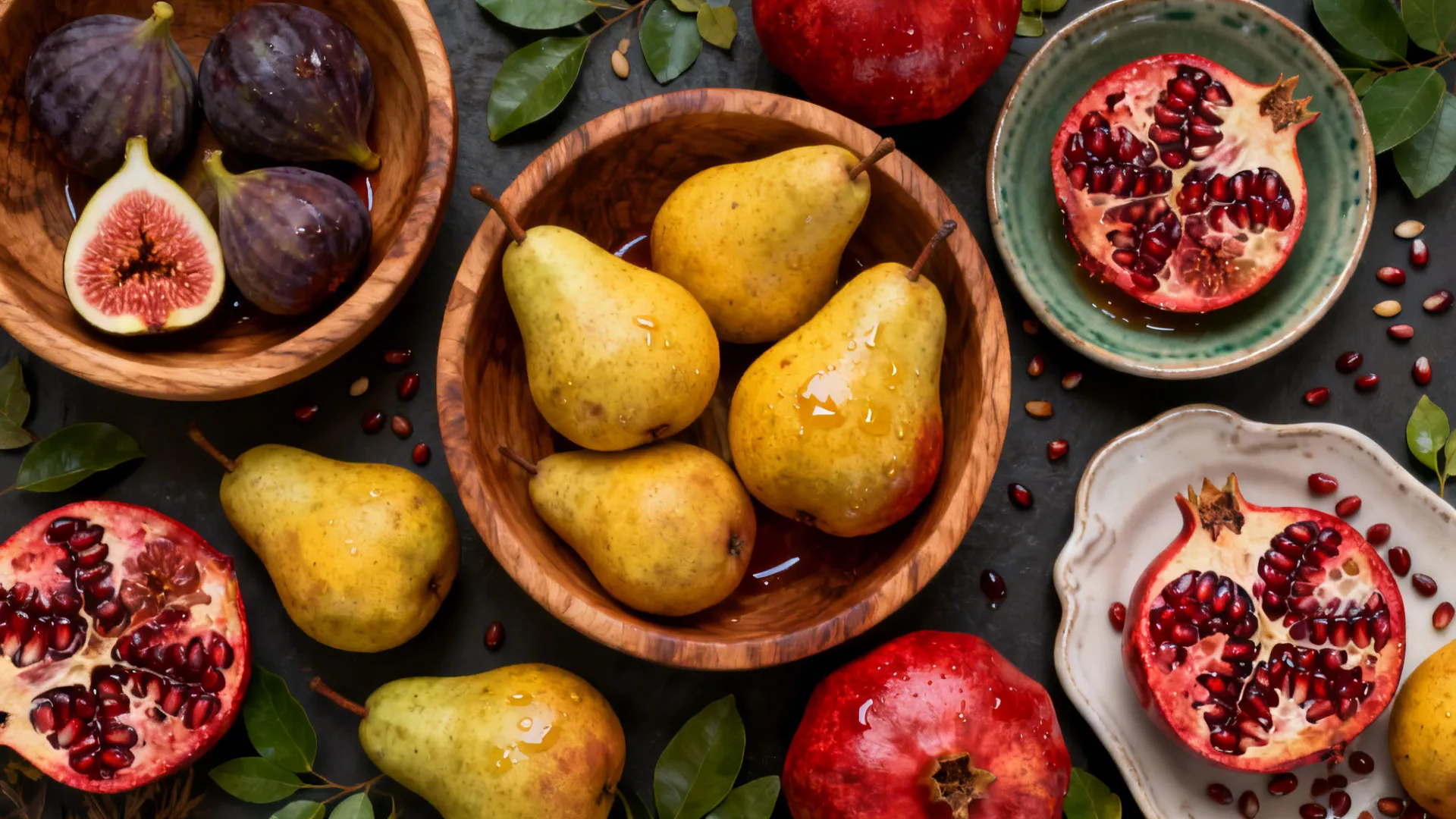 Top-down view of bowls with figs, pears and pomegranate halves as an edible centerpiece