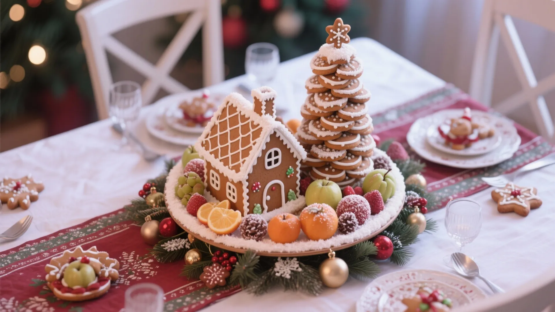 Gingerbread house and cookie tree on a dining table with fruit and festive holiday decorations