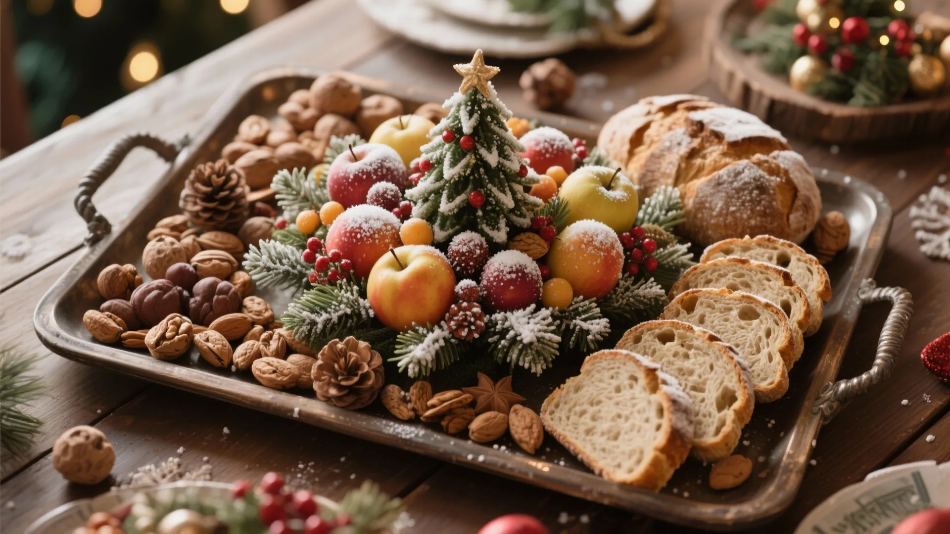Metal tray with Christmas tree decoration apples nuts and sliced bread on a wooden table