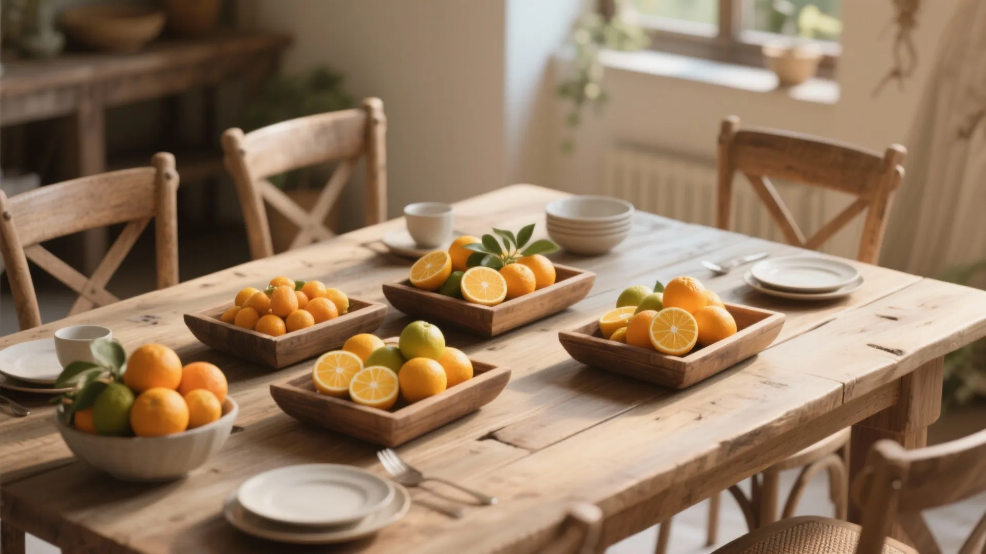 Rustic wooden dining table with several bowls and trays filled with fresh oranges and lemons