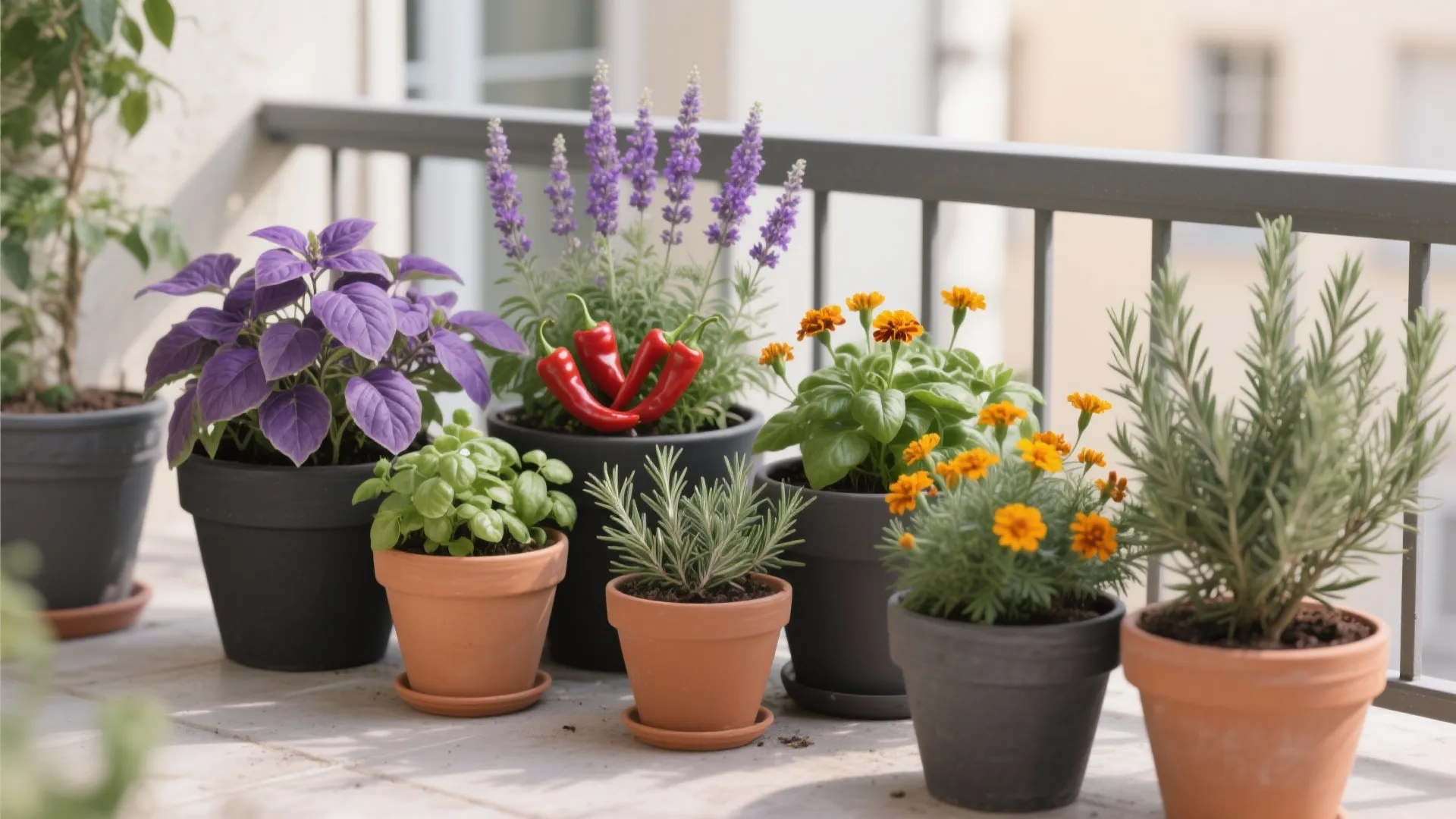 Balcony pots mixing purple basil, lavender, chili peppers, marigolds, and rosemary in coordinated charcoal and terracotta.