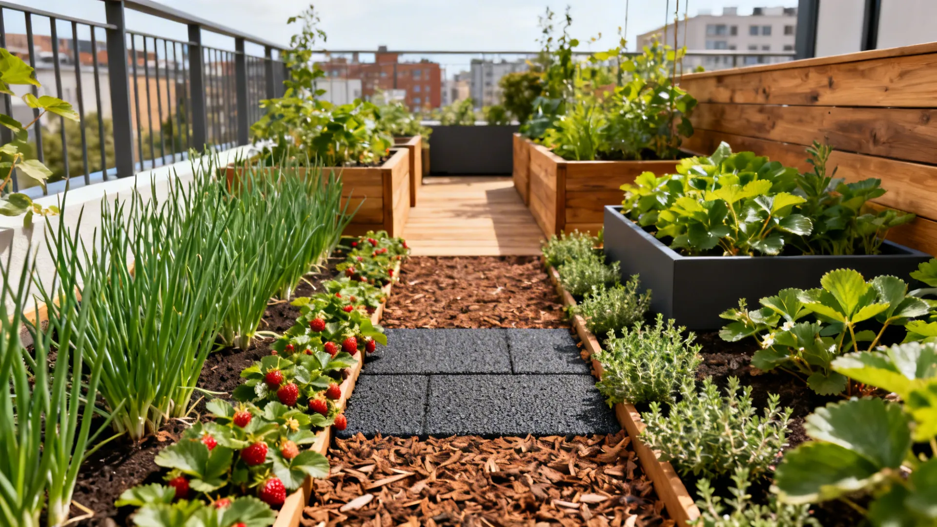 Small garden with a defined micro-path framed by edible edges of chives, strawberries, and thyme.