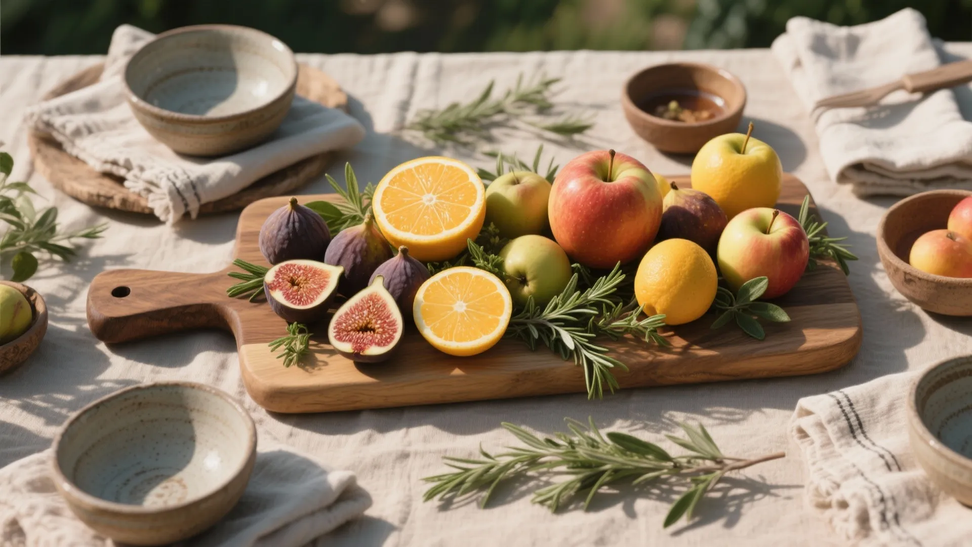 Wooden cutting board with fresh figs oranges and apples placed on a rustic dining tablecloth