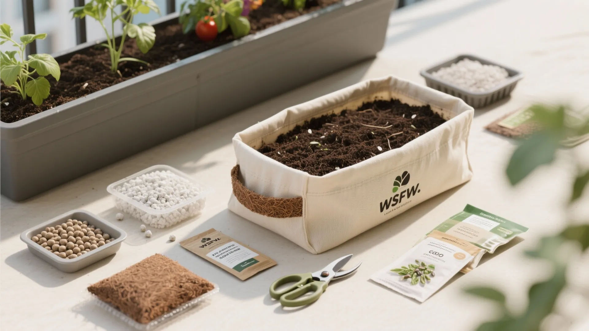 Flatlay of fabric grow bags, deep containers, coco coir mix, perlite, fertilizer, and garden tools.