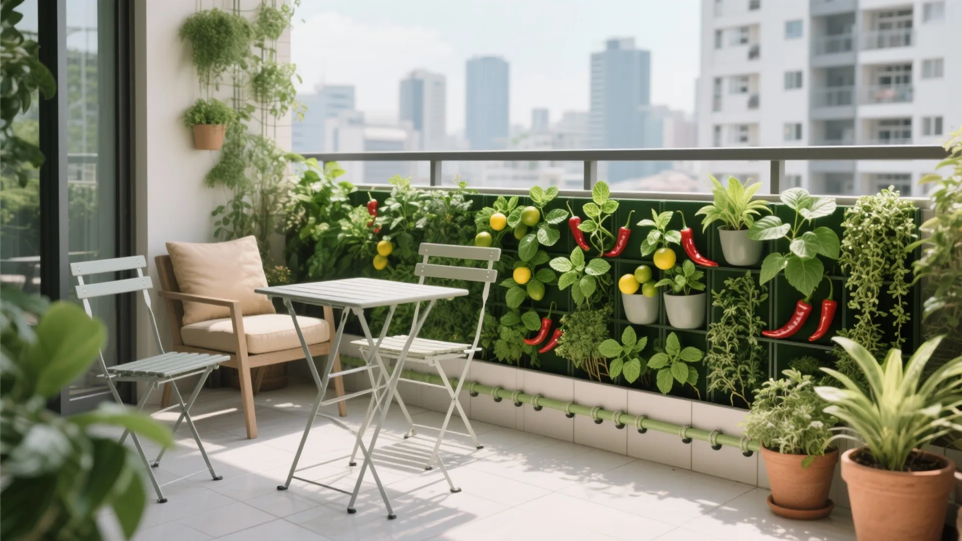 Modern balcony garden with a vertical wall of vegetables, metal chairs, table, and city view