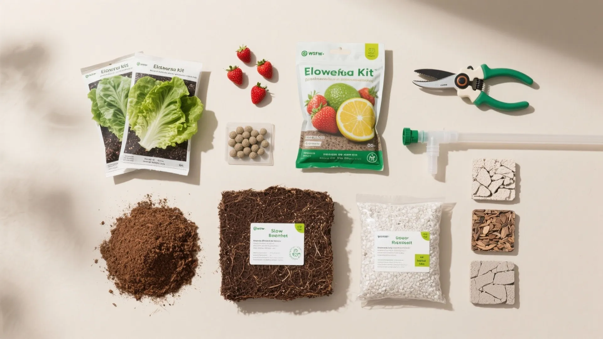 Flat lay of balcony edible garden supplies: seeds, fertilizer, drip parts, and soil components.