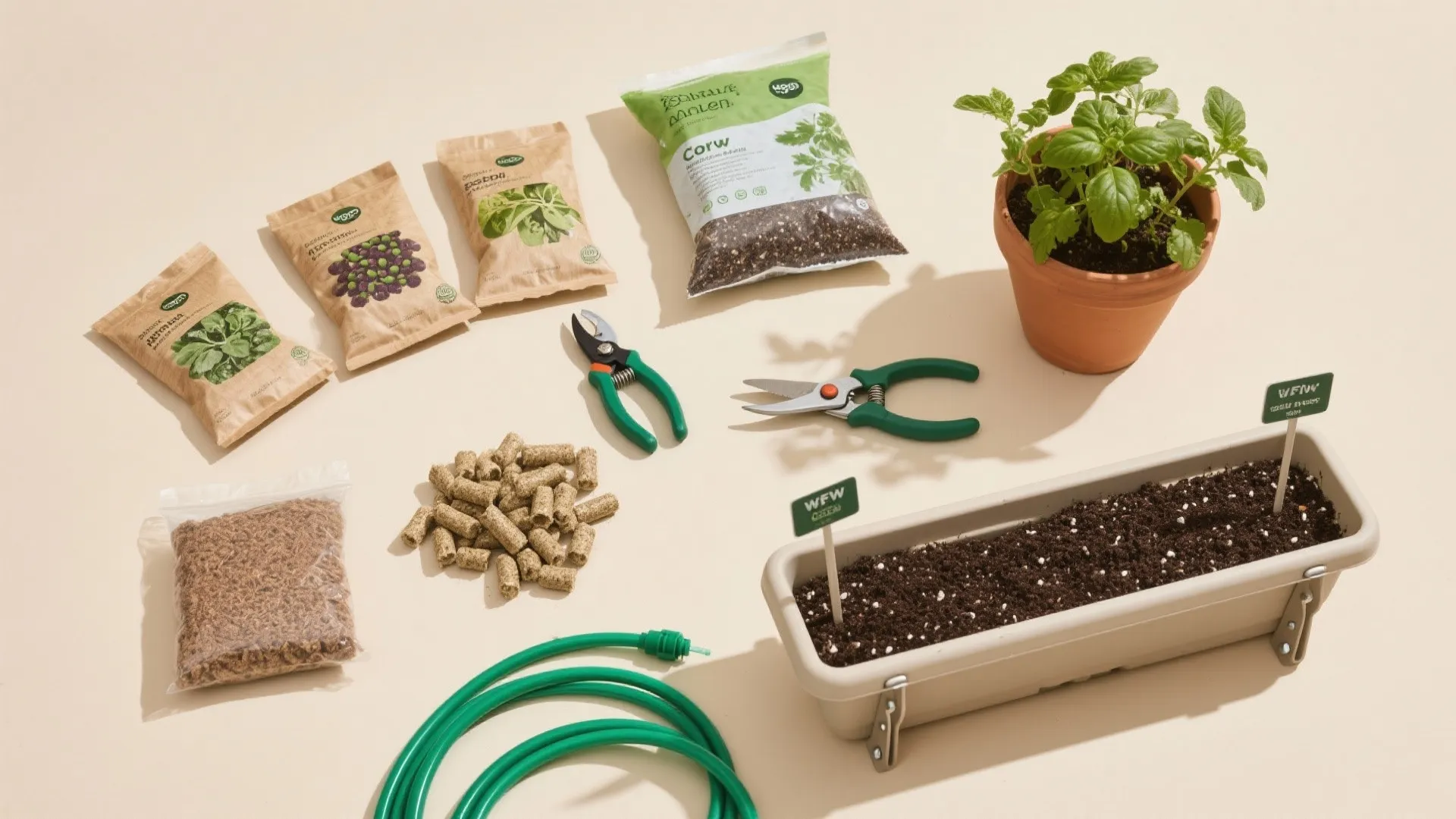 Flatlay of balcony gardening materials for herbs and microgreens with drip parts.