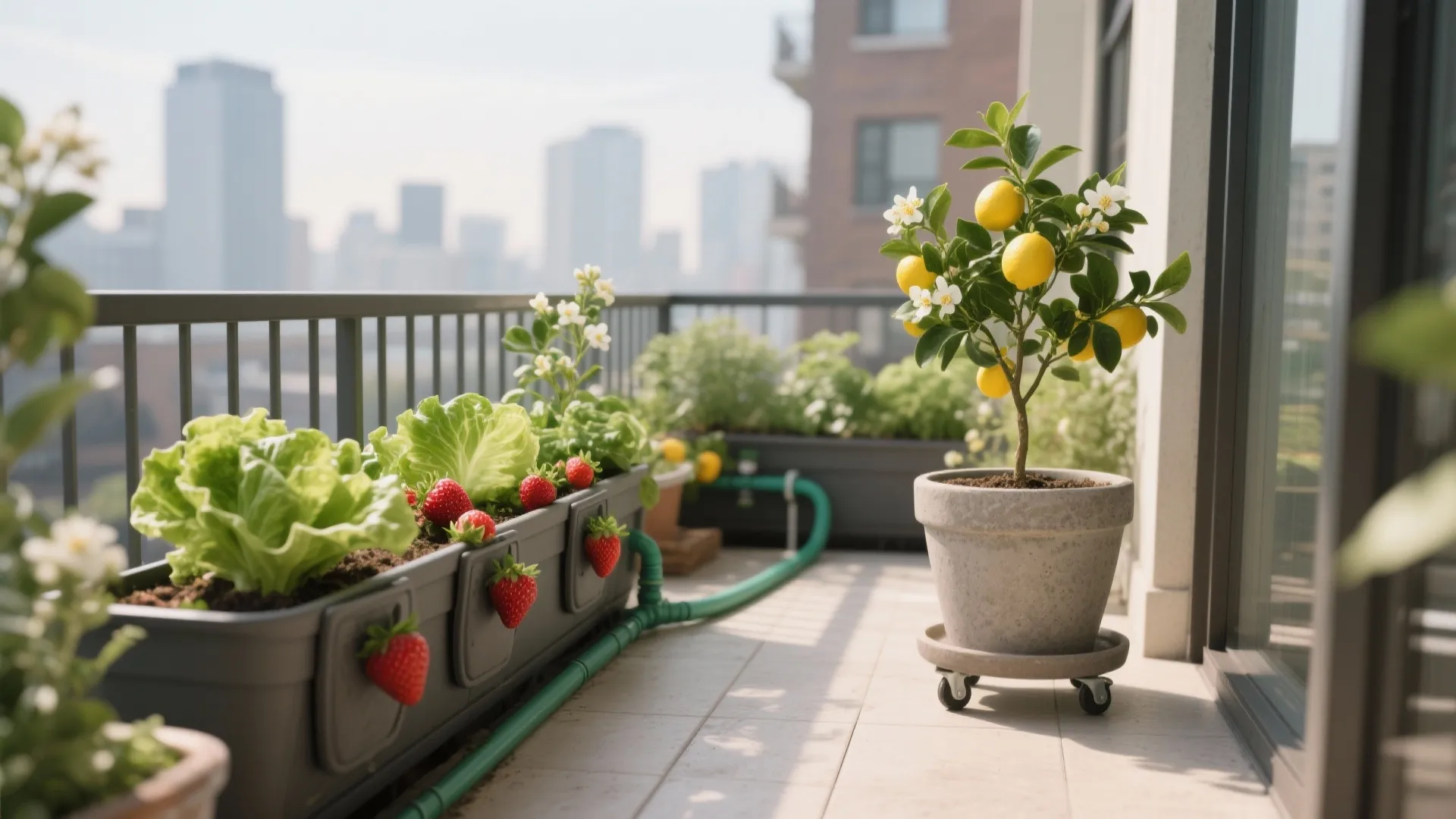 Balcony with salad rail planters, strawberry pockets, and a dwarf Meyer lemon in a fiberstone pot.