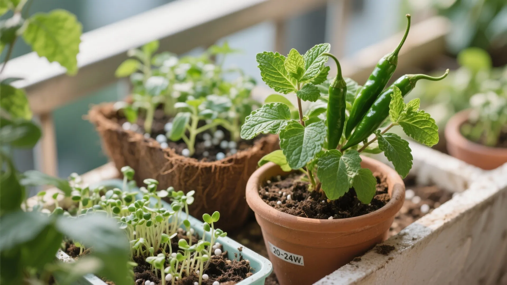 Macro of mint, green chillies, coriander seedlings, and microgreens growing in breathable mix on a Chennai balcony.