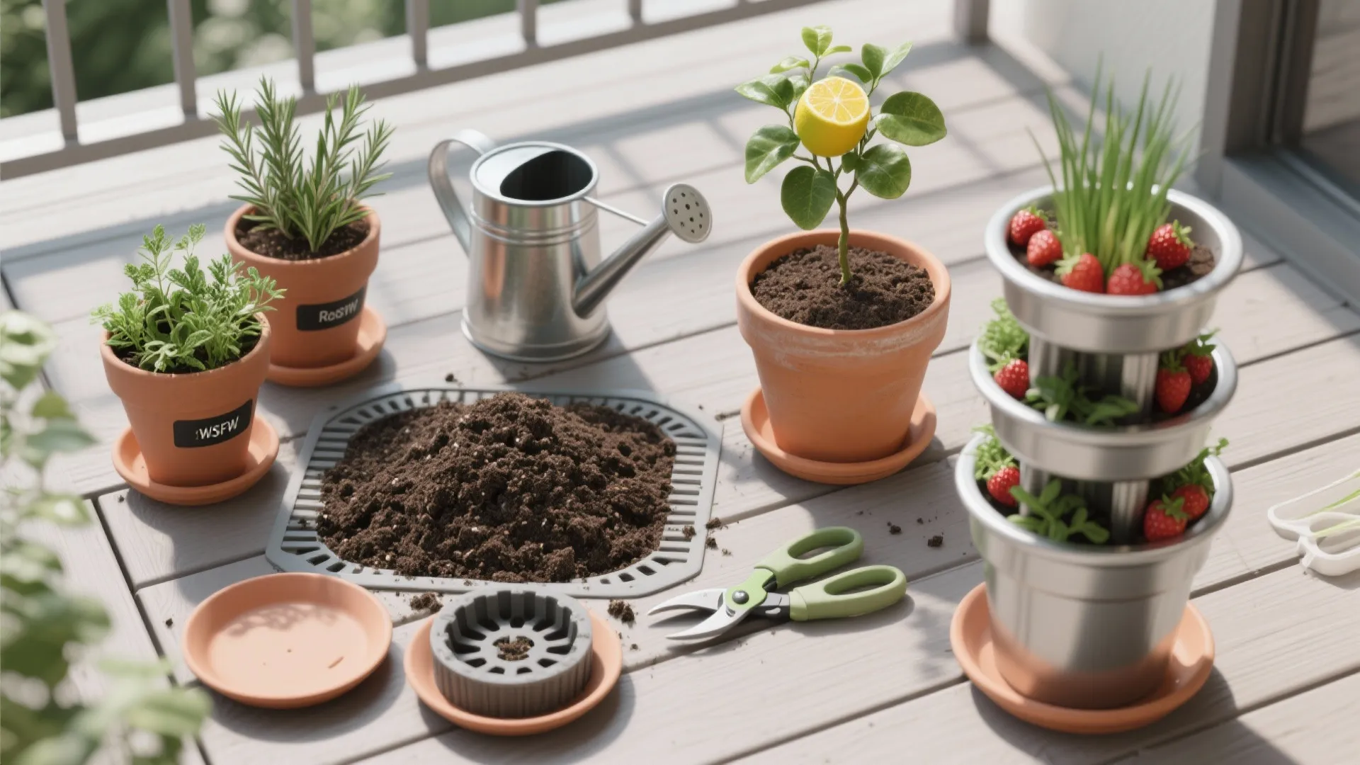 Top-down flatlay of herb pots, peat-free mix, saucers, and tools for edible balcony gardening.