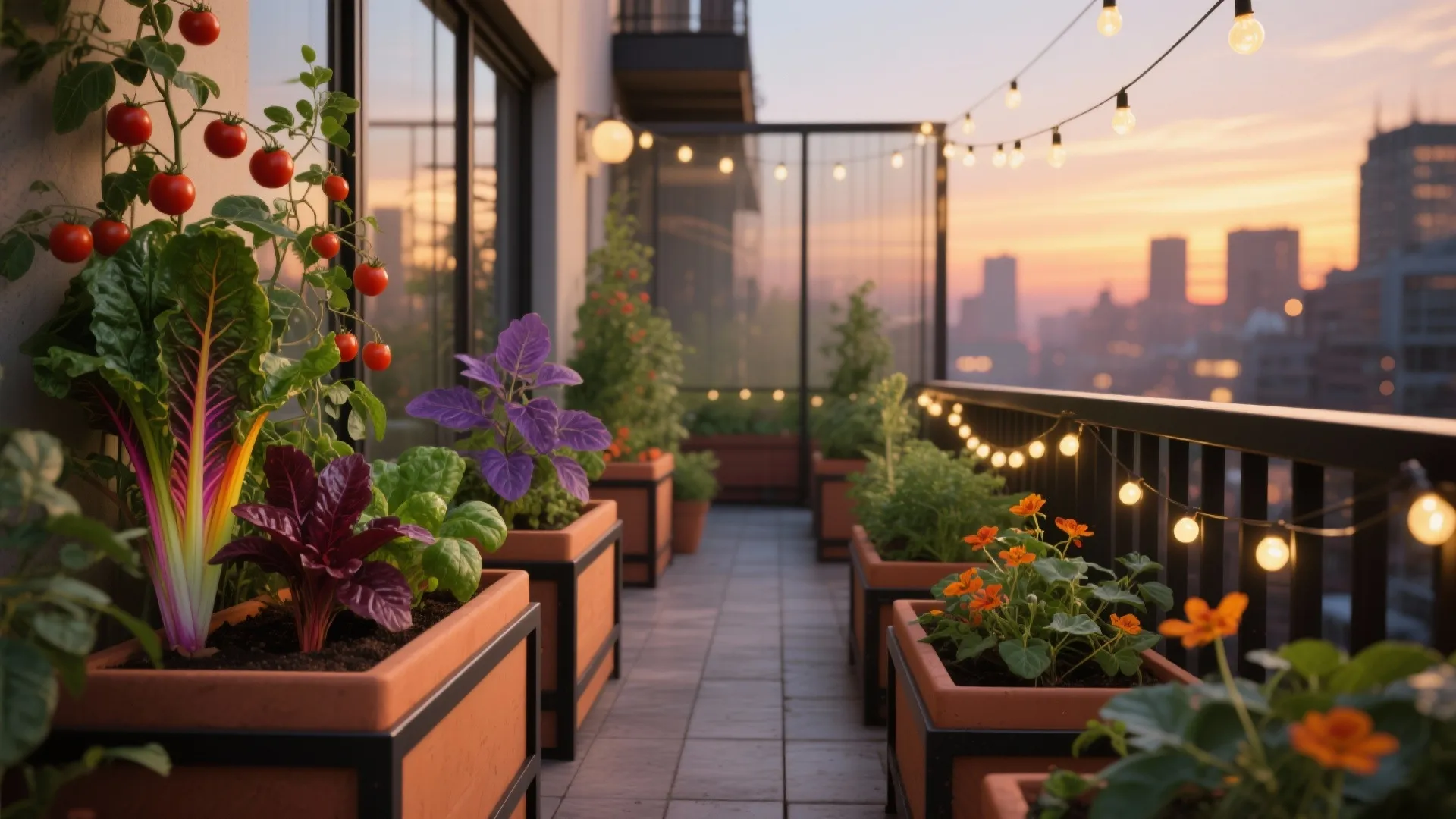 Balcony vegetable garden at sunset with string lights and various potted plants in clay containers