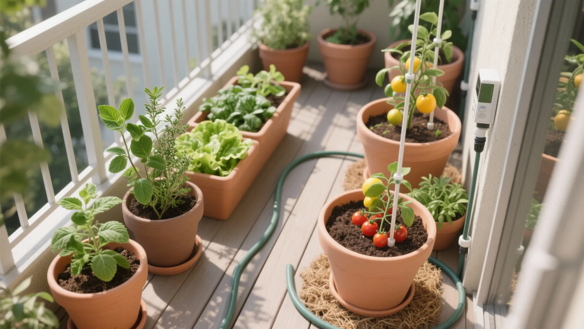 Small balcony garden with potted tomatoes lettuce and herbs arranged on a wooden floor deck