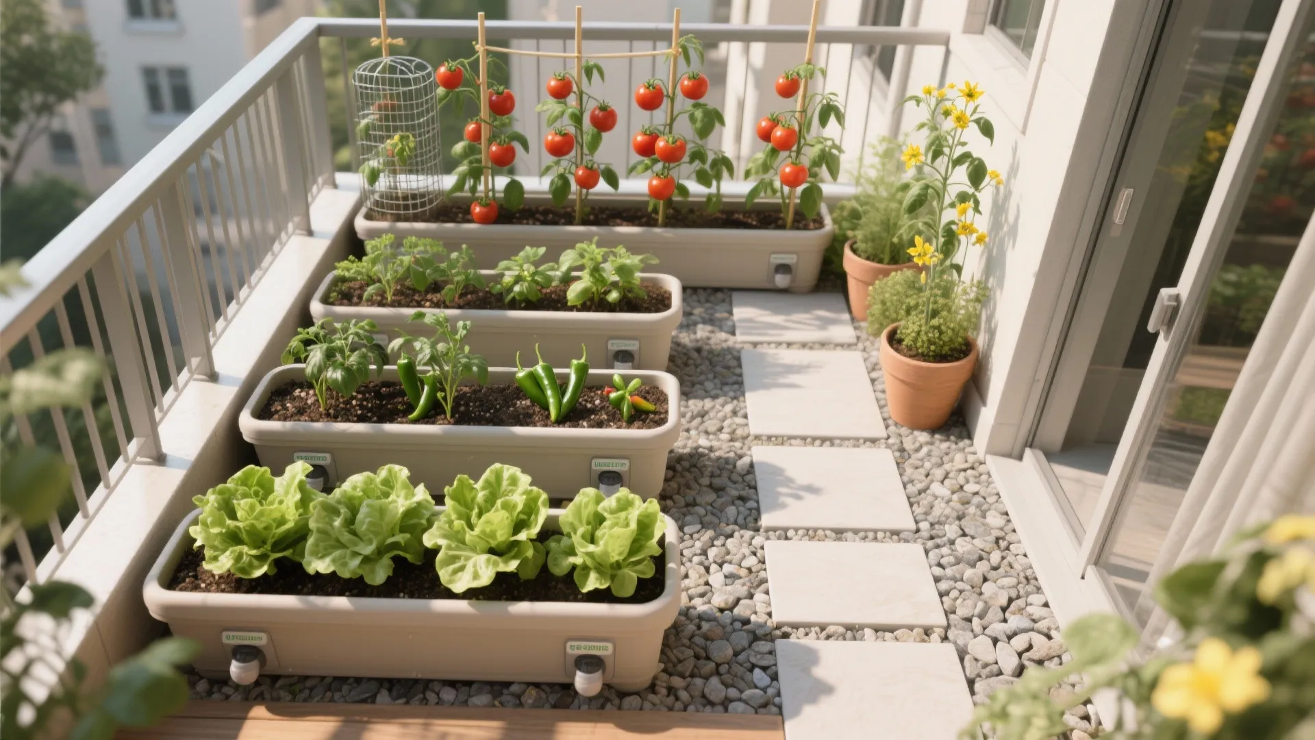 Top-down view of a neat balcony edible layout with tomatoes at back, peppers mid, and lettuces front in self-watering planters.