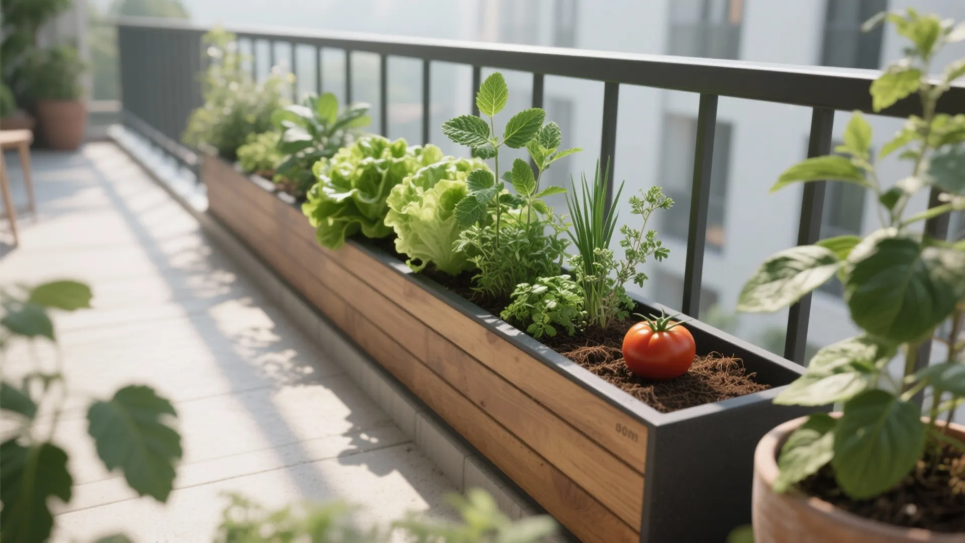 Wooden garden planter on a balcony with fresh green lettuce herbs and a red tomato