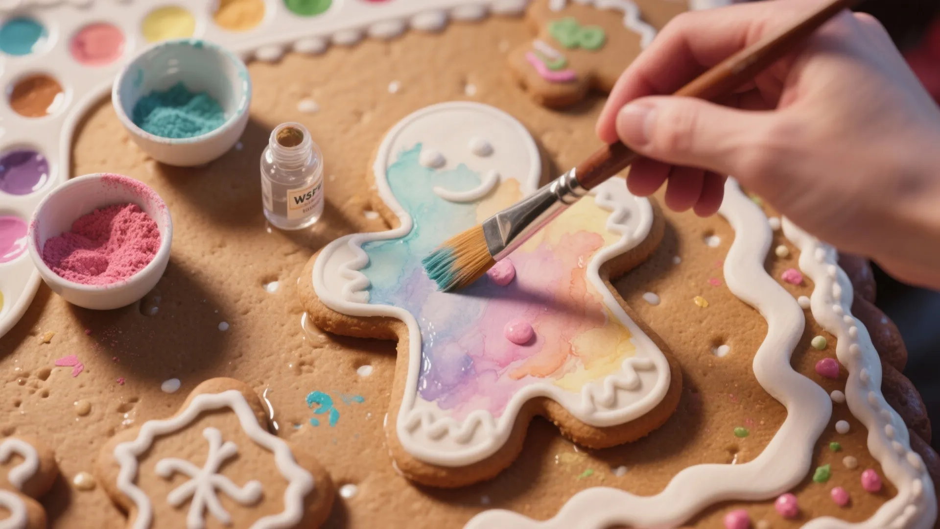 Hand using a brush to paint colorful watercolor patterns on a gingerbread man cookie icing