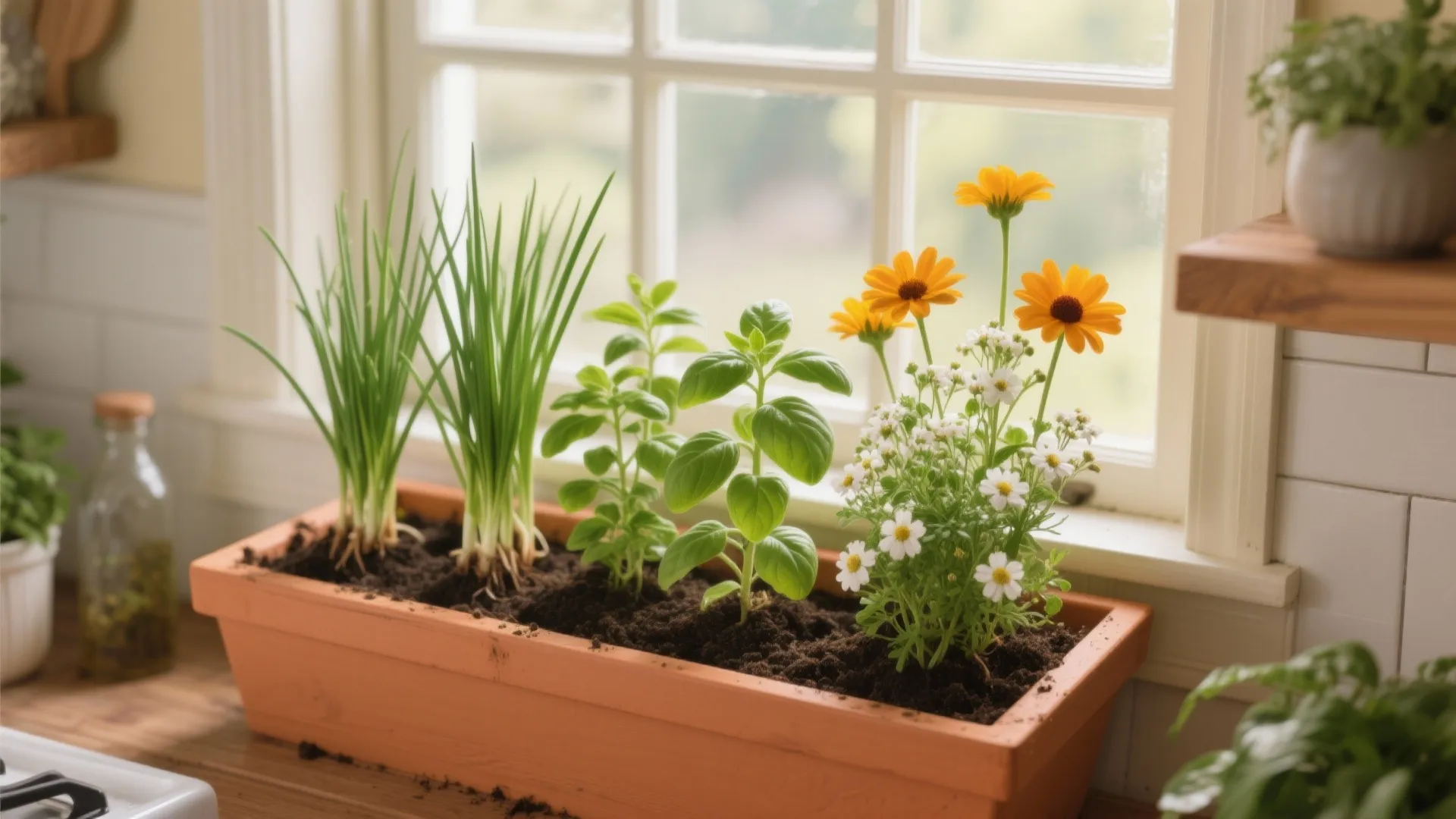 Orange window box inside a kitchen filled with fresh green herbs and small yellow flowers