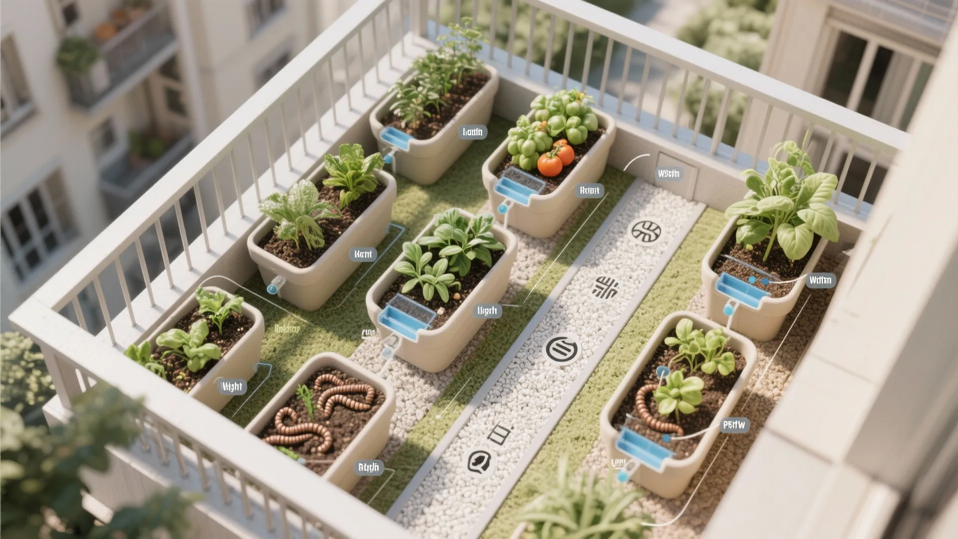 Top down interior design drawing showing rows of planter boxes with green vegetables on balcony