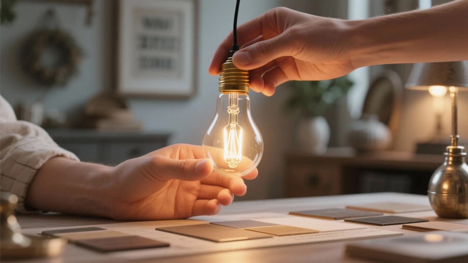 Hand holding an Edison filament bulb showing warm 2700K glow in a farmhouse setting.