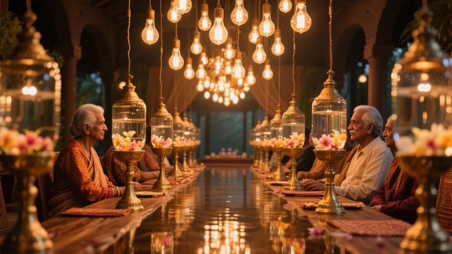 Vintage Indian reception with Edison bulb clusters and brass urli uplights shimmering with petals.