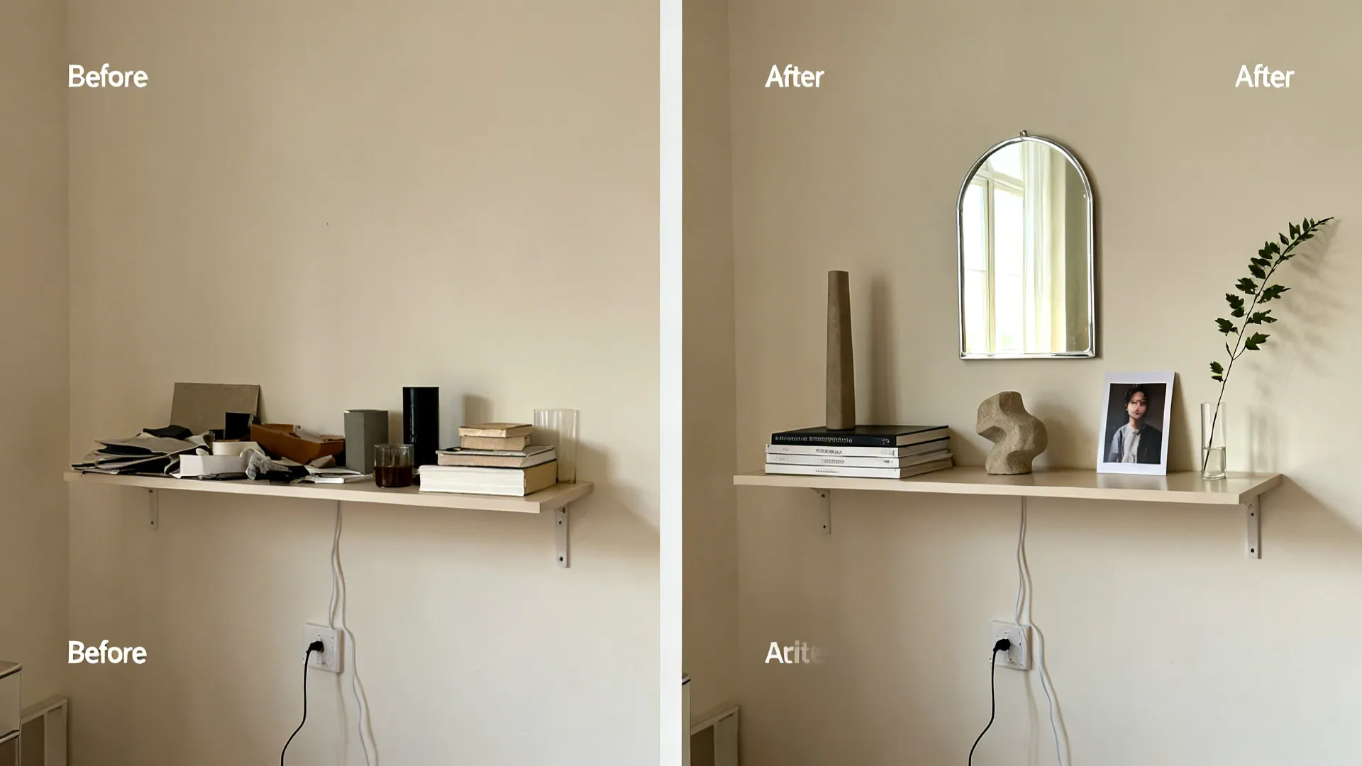 Before-and-after of a studio wall showing decluttering, a mirror, and a five-item shelf for a clean, personal look.
