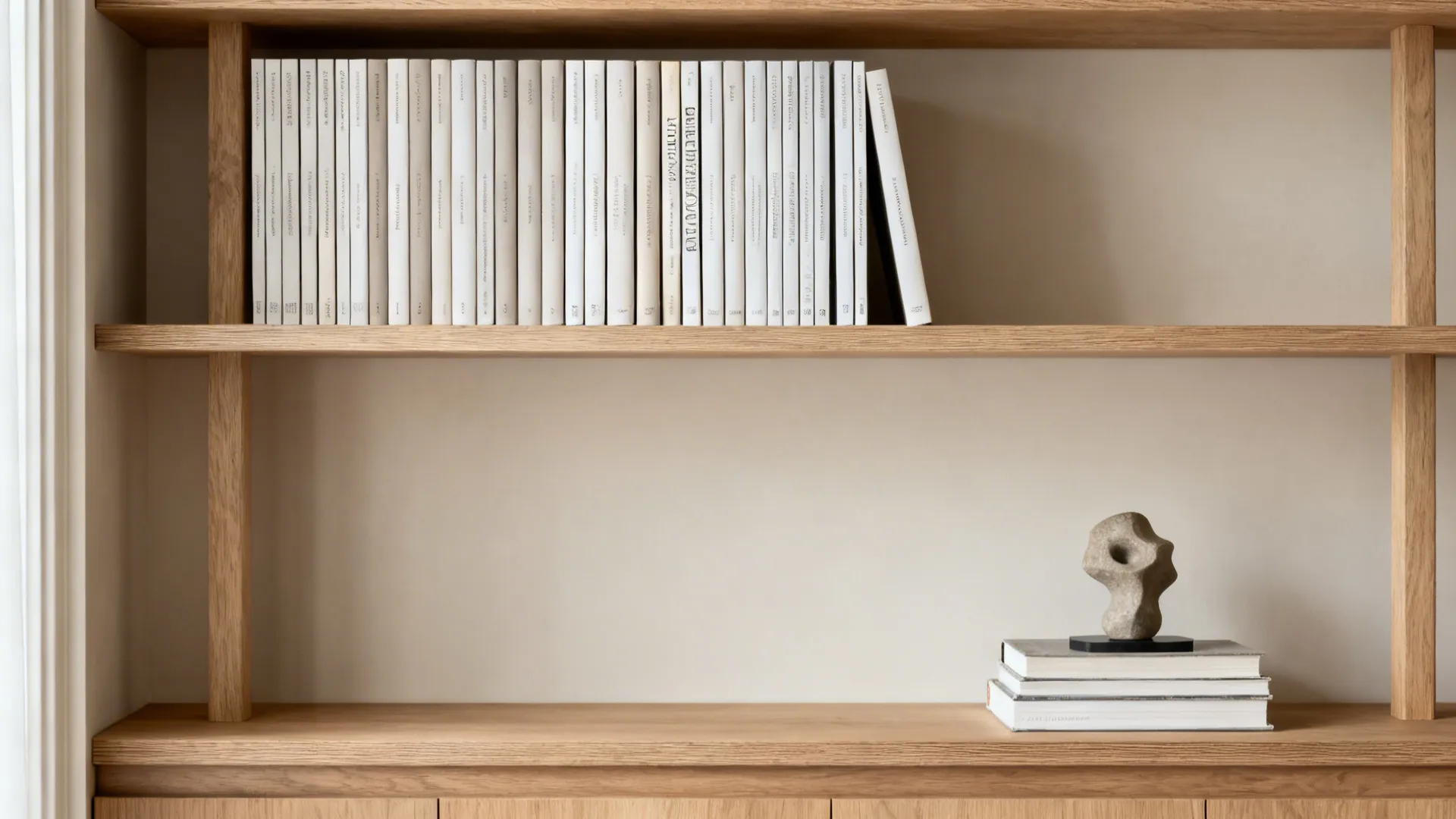Bookcase shelf with edited magazine-style arrangement, stacked books and negative space