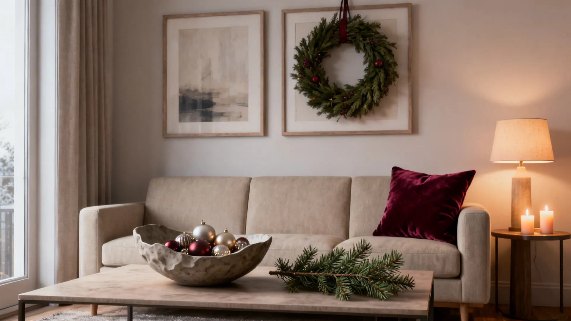 Small living room with a single sculptural bowl on the coffee table and a simple wreath above art.