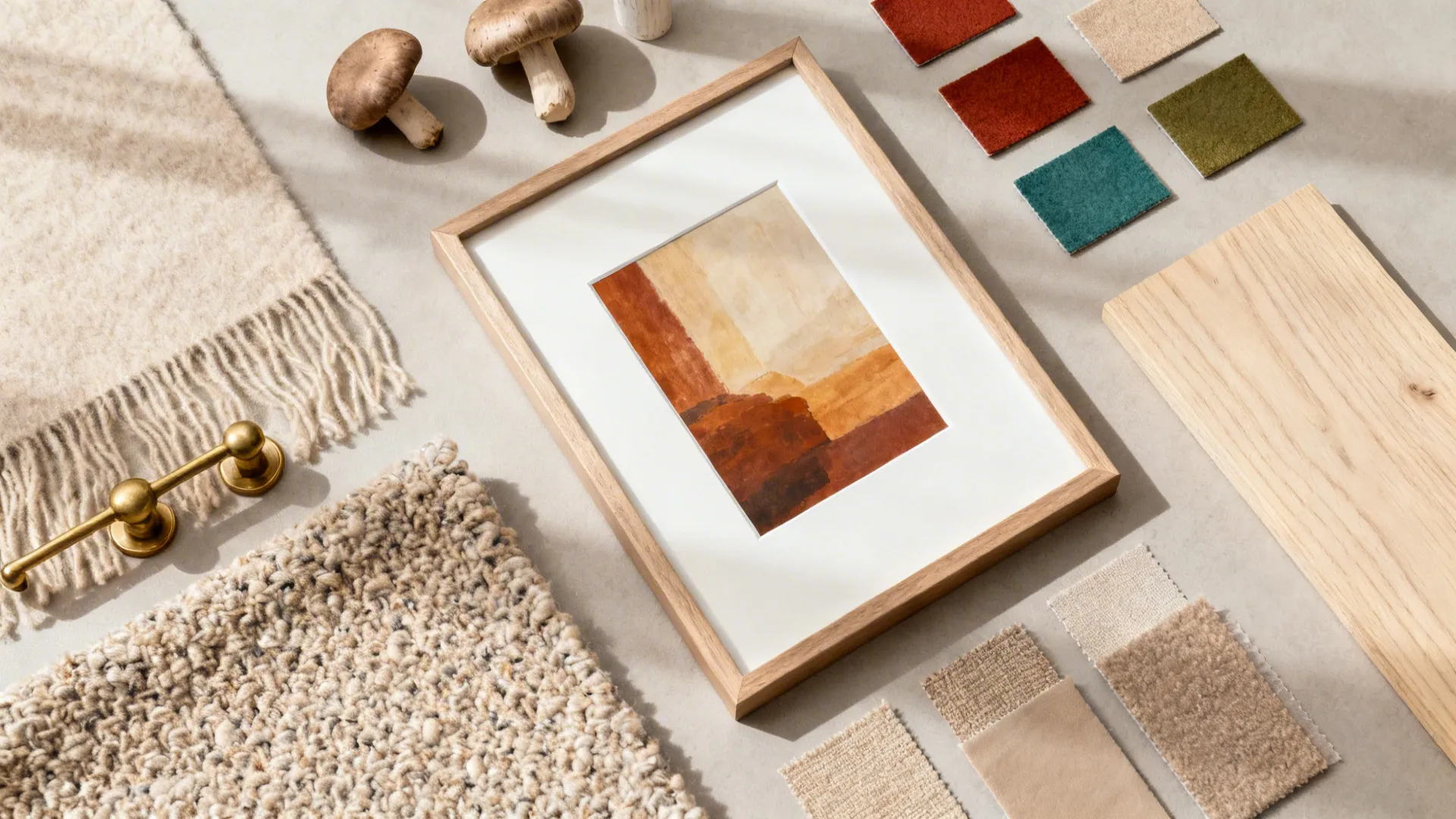 Flat lay of interior design mood board with fabric swatches wood samples and framed abstract art