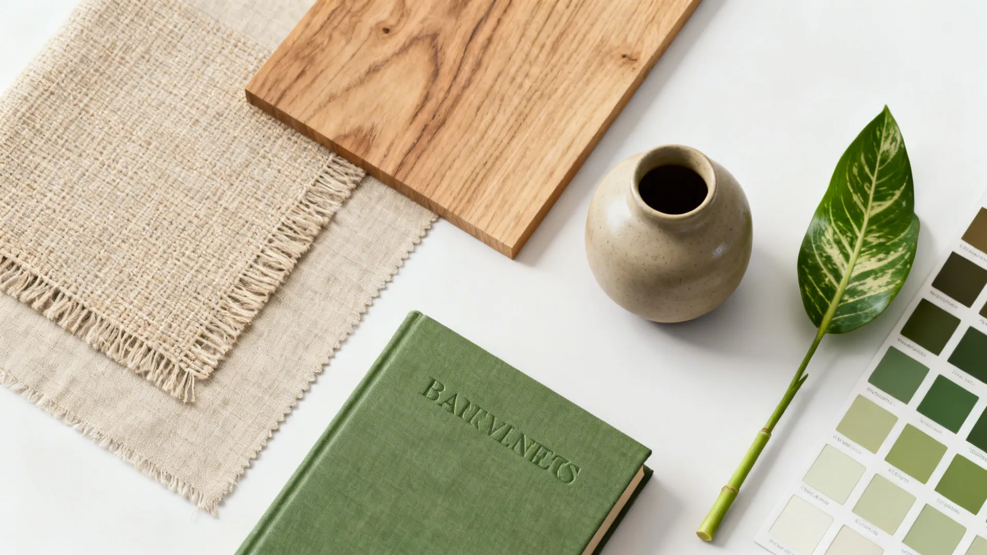 Flatlay of curated neutral staging materials and a pop of green showing editing restraint