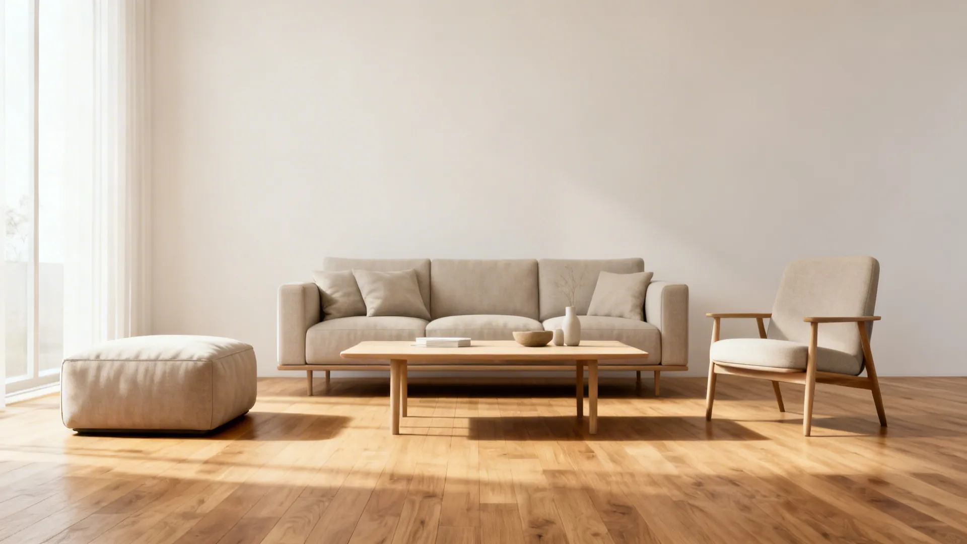 Decluttered living room staged with essential pieces: sofa, coffee table, accent chair, and a tucked ottoman