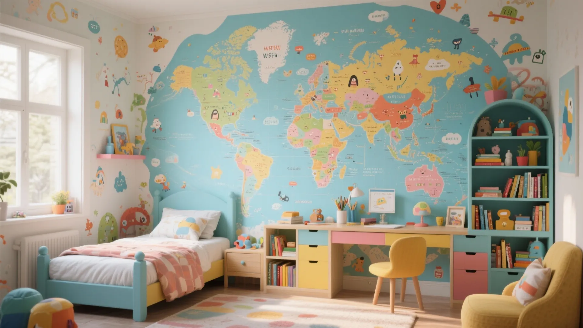 Children's bedroom with illustrated world map wallpaper