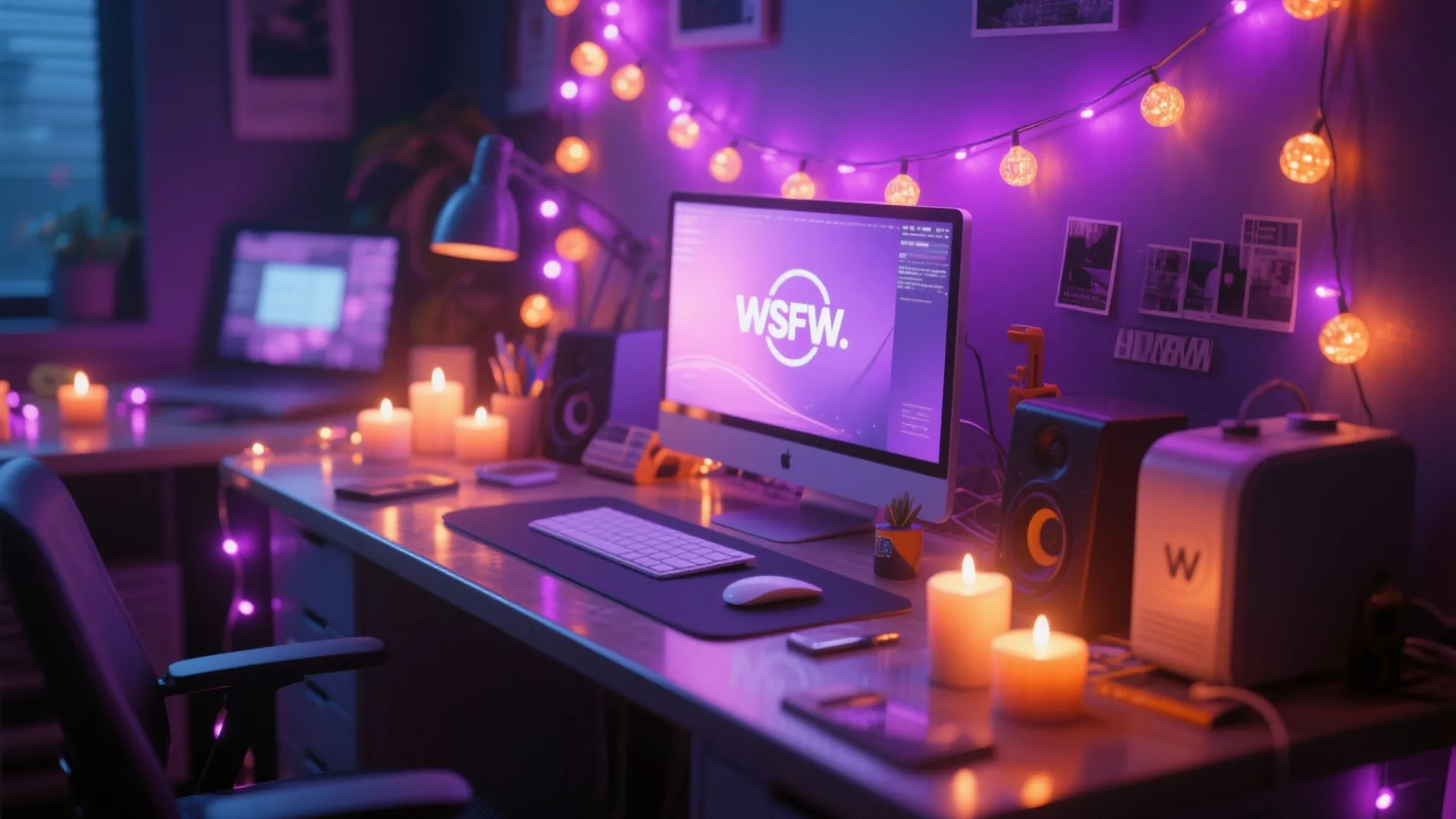 Workspace with purple string lights candles a computer monitor speakers keyboard and a desk chair