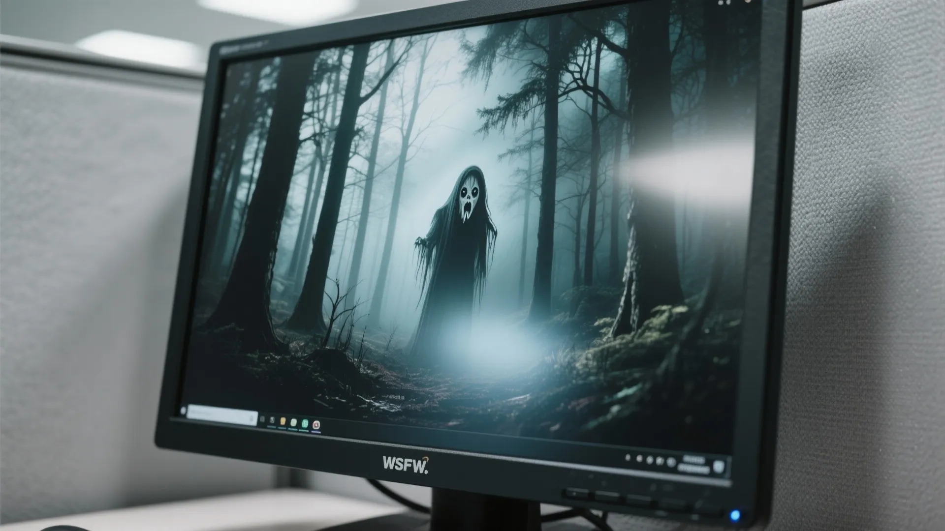 Desktop computer screen displaying a spooky ghost figure in a dark forest with foggy trees