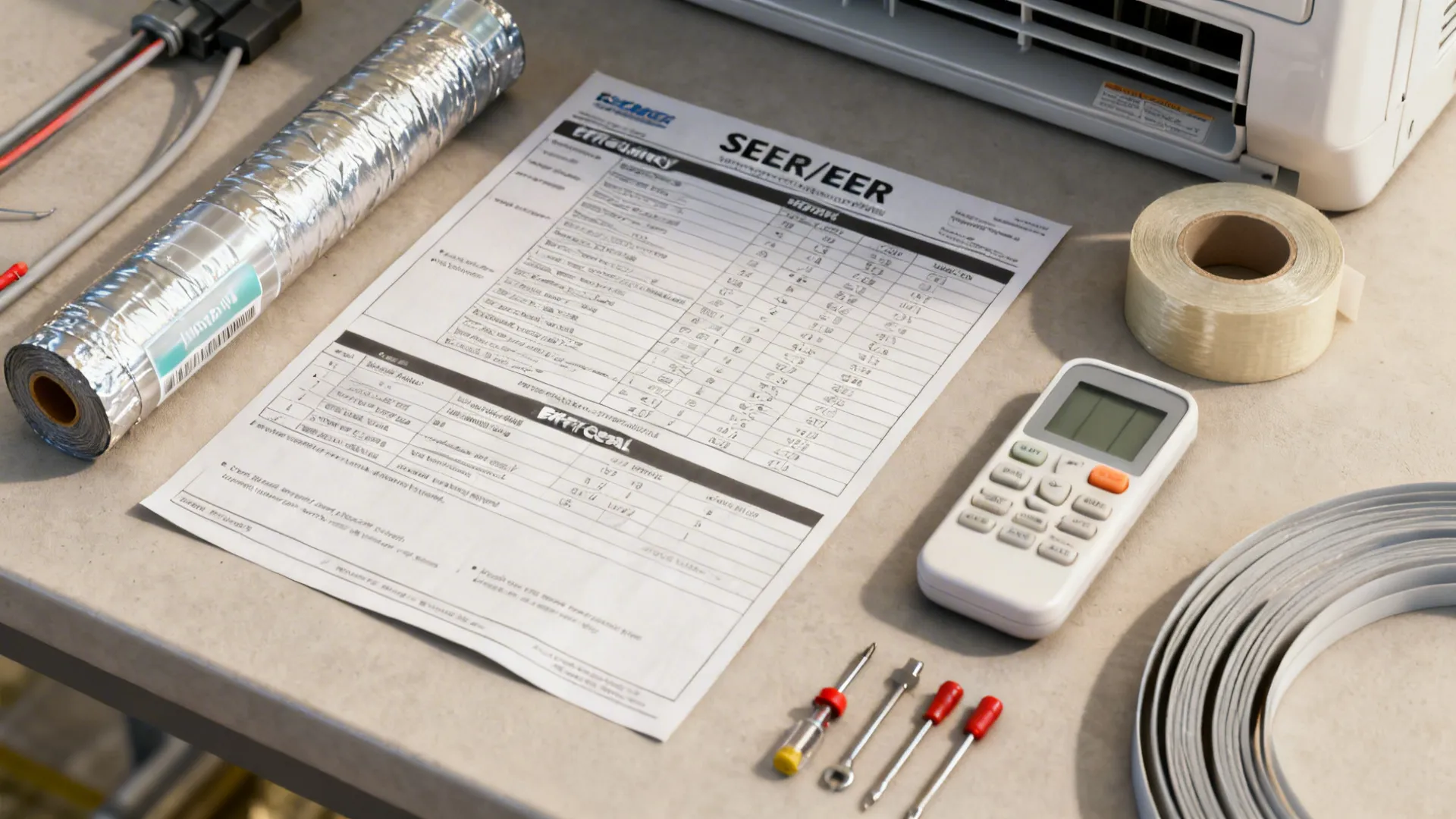 Top-down view of SEER spec sheet, insulation tape, draft seals, and tools for AC installation and efficiency.