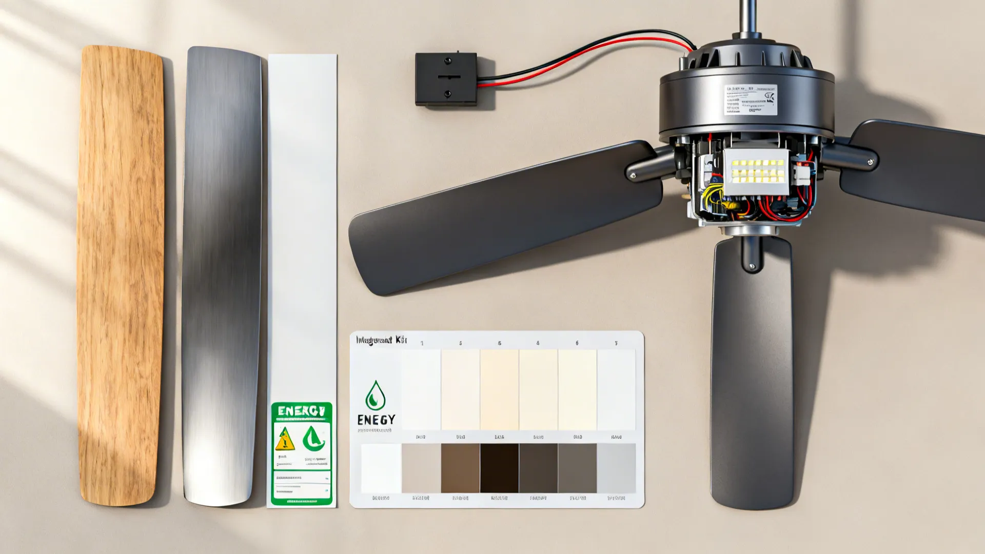 Flatlay of DC motor parts, LED light kit and blade material samples illustrating efficiency and noise considerations