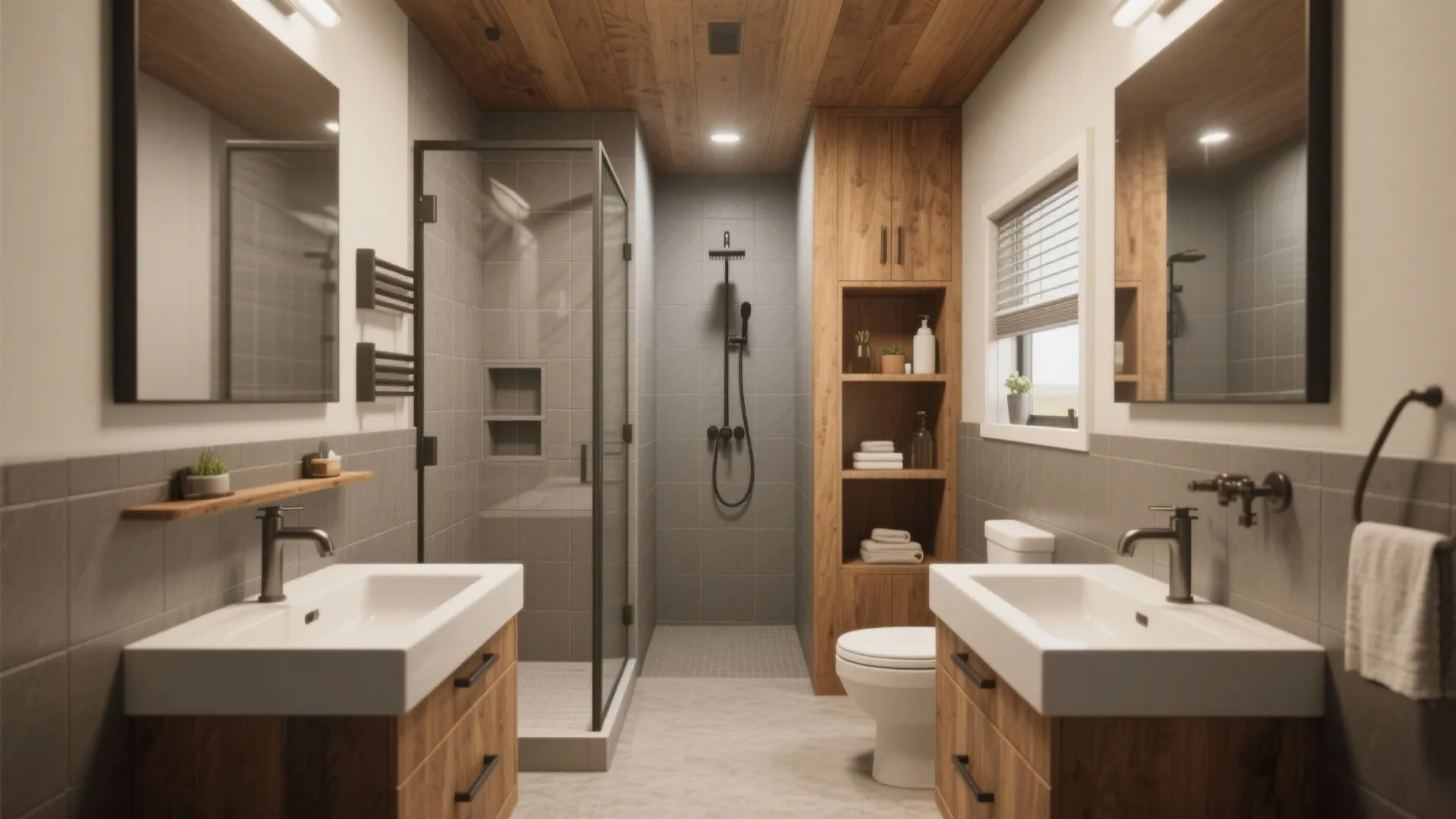 Narrow bathroom showing stacked shower and vanity layout to maximize circulation.