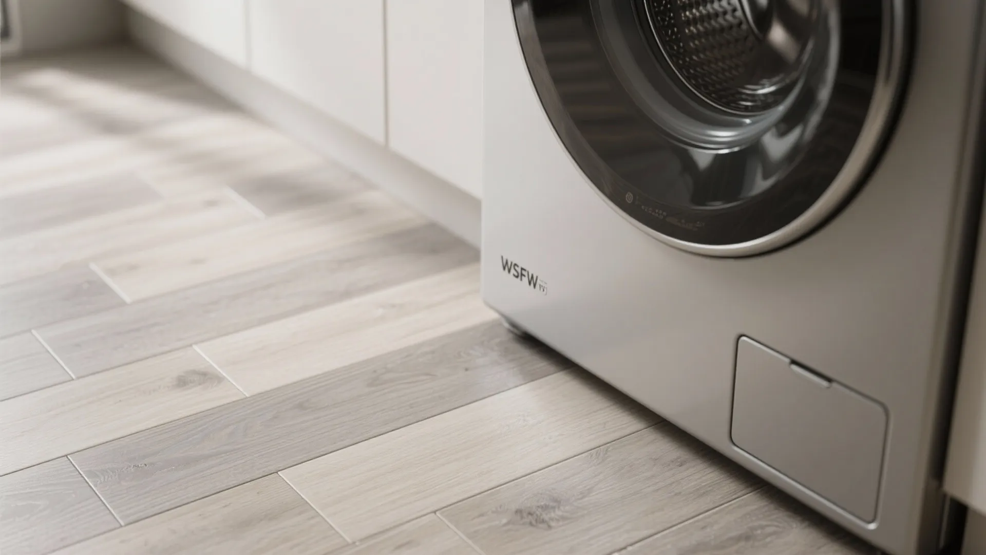 Close up of white washing machine standing on light colored wood tile floor in laundry